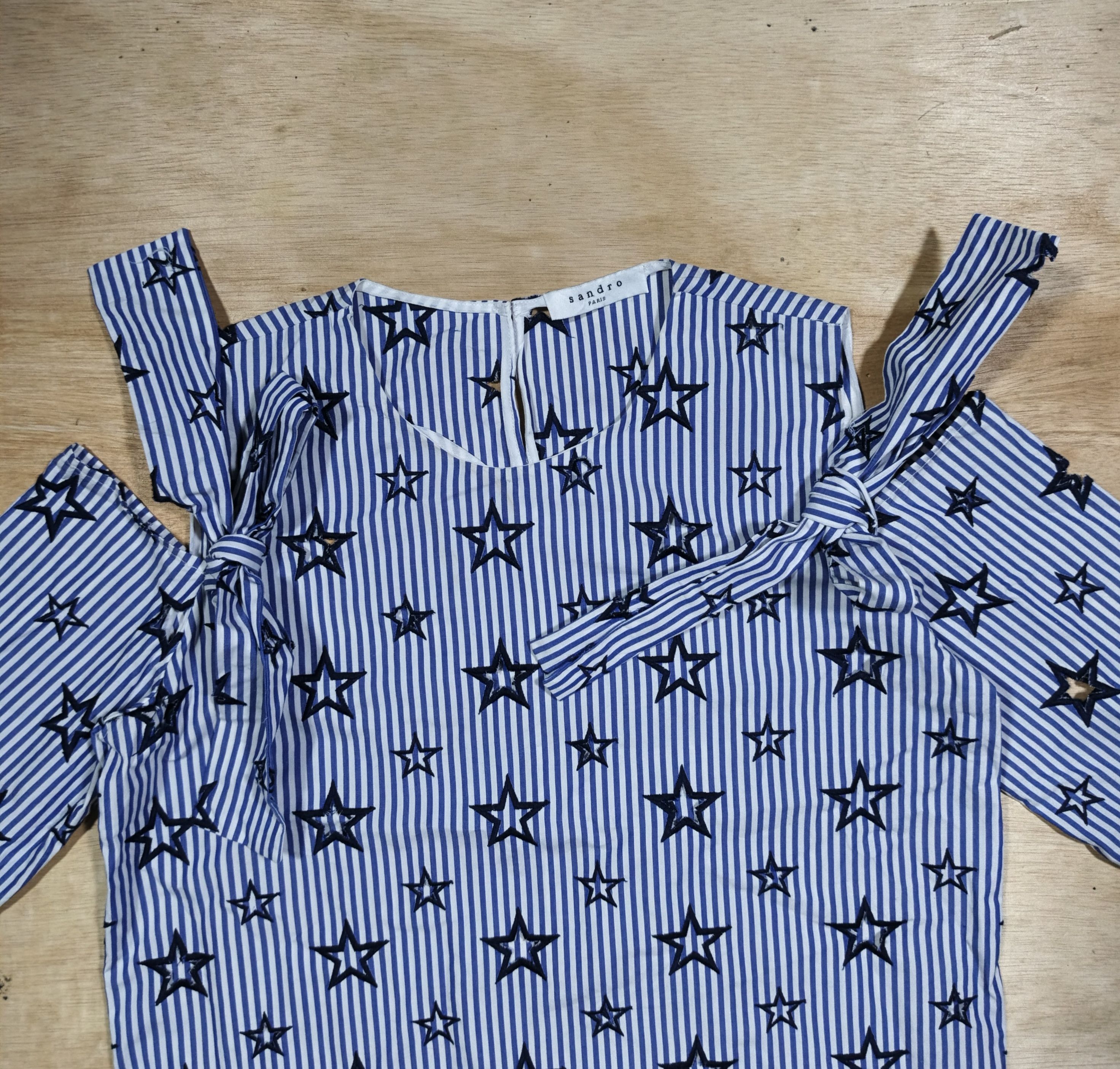 Sandro Sandro Star Embroidered Striped Cold Shoulder Top With Ties Size L / US 10 / IT 46 - 2 Thumbnail