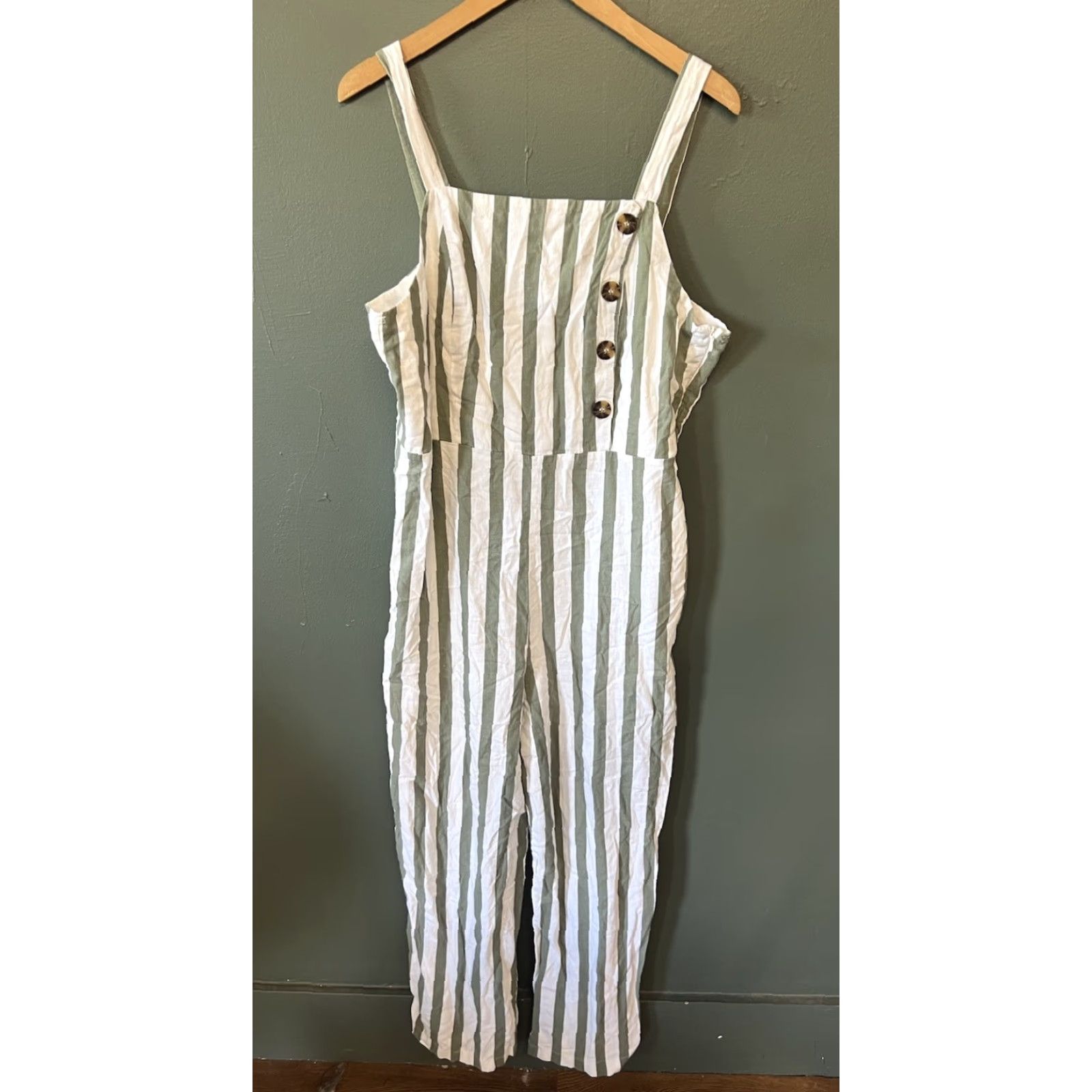 Vintage C&C California Womens Green Striped Linen Overalls Sleeveless XL Size 40" / US 18 - 2 Thumbnail
