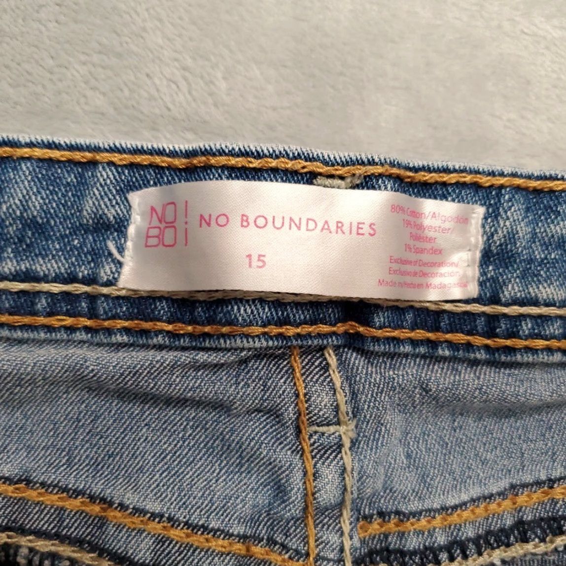 Vintage No Boundaries Denim Shorts Womens 15 NOBO Cutoff Micro Mini Shortie 90s Stretch Blue Jeans Pocket Zipper Belt Loops Front Flat 5-Pocket Womens Size 36" / US 14 / IT 50 - 2 Thumbnail