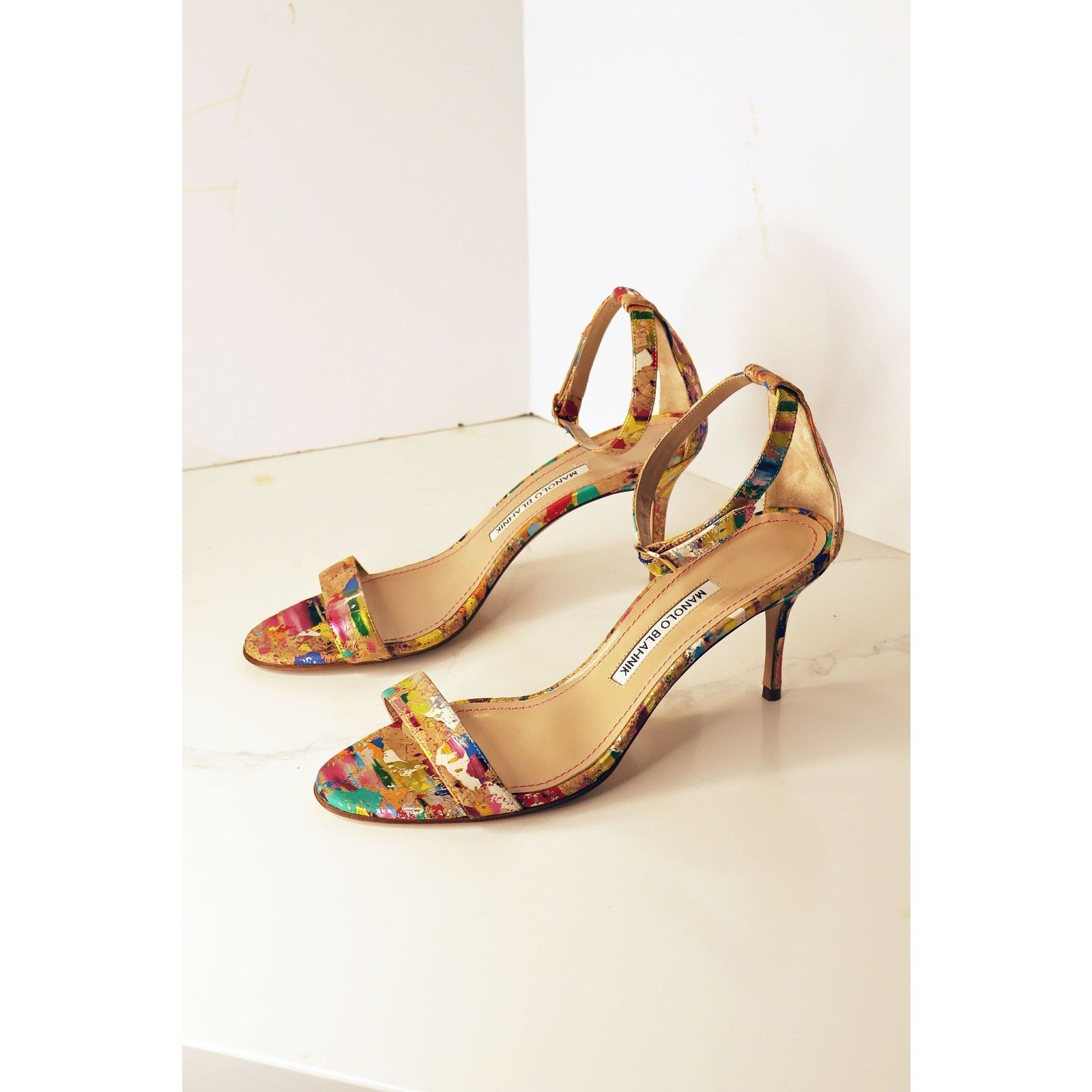 Manolo Blahnik Vintage Manolo Blahnik Cork + Splatter Paint Chaos Sandal Size US 8.5 / IT 38.5 - 1 Thumbnail