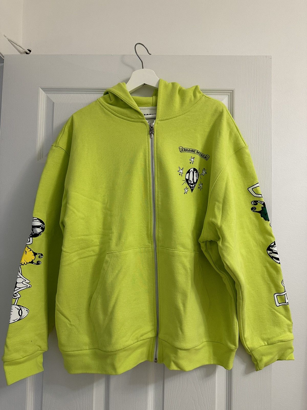 image of Chrome Hearts Lime Green Matty Boy Zipper Hoodie, Men's (Size XL)