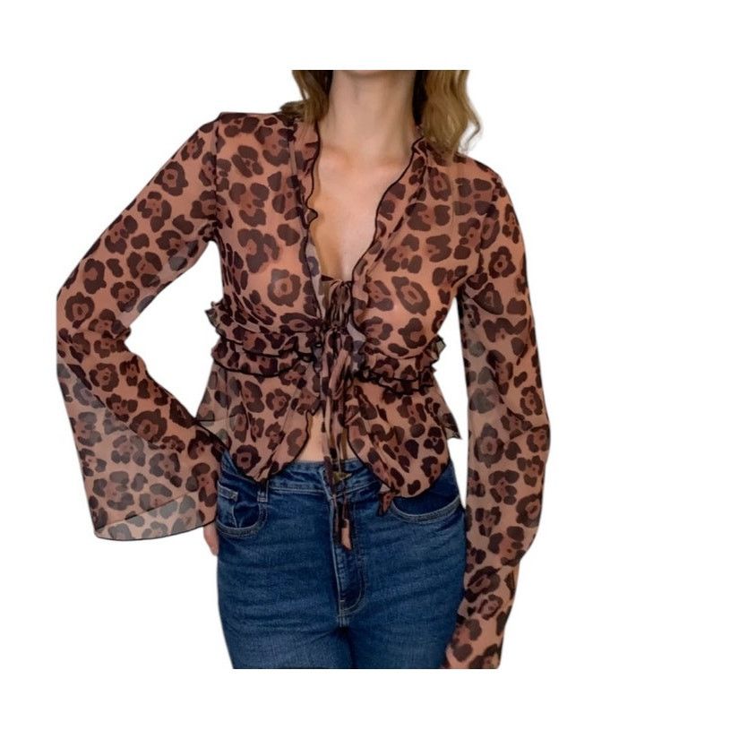Other Commense Brown Leopard Print Semi-Sheer Ruffle V-Neck Blouse Size XL / US 12-14 / IT 48-50 - 2 Thumbnail