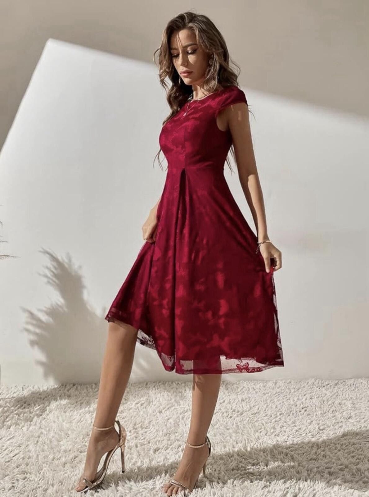 The Unbranded Brand Women Cap Sleeve Boat Neck Flared Hem HighWaist A LineDress Size L / US 10 / IT 46 - 4 Thumbnail