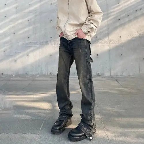 image of Y2K Flared Trousers Vintage Multi-Pocket High Street Denim in Black, Men's (Size 32)