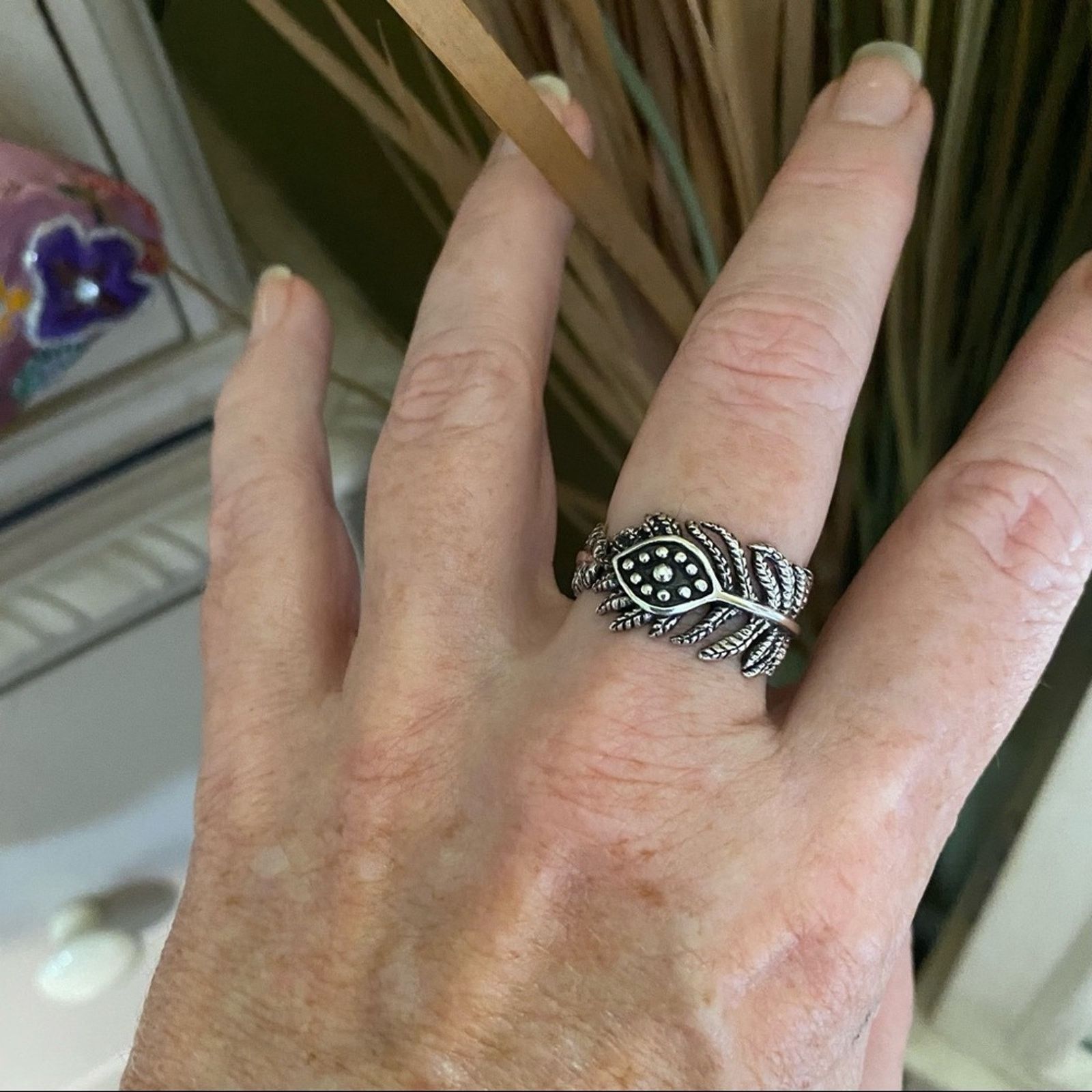 The Unbranded Brand Evil Eye Leaves Boho Sterling Silver Ring Size ONE SIZE - 4 Thumbnail