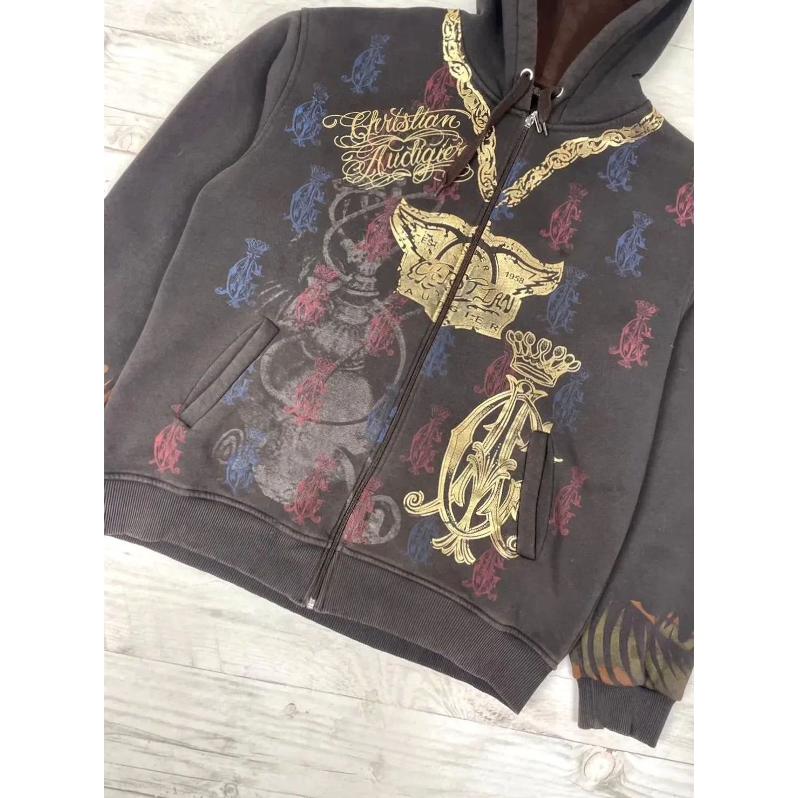 Vintage VINTAGE Christian Audigier Hoodie Full Zip Mens 2XL Brown 90s Love Full Zip Hooded Sweatshirt Brown 90s Size US XXL / EU 58 / 5 - 5 Thumbnail
