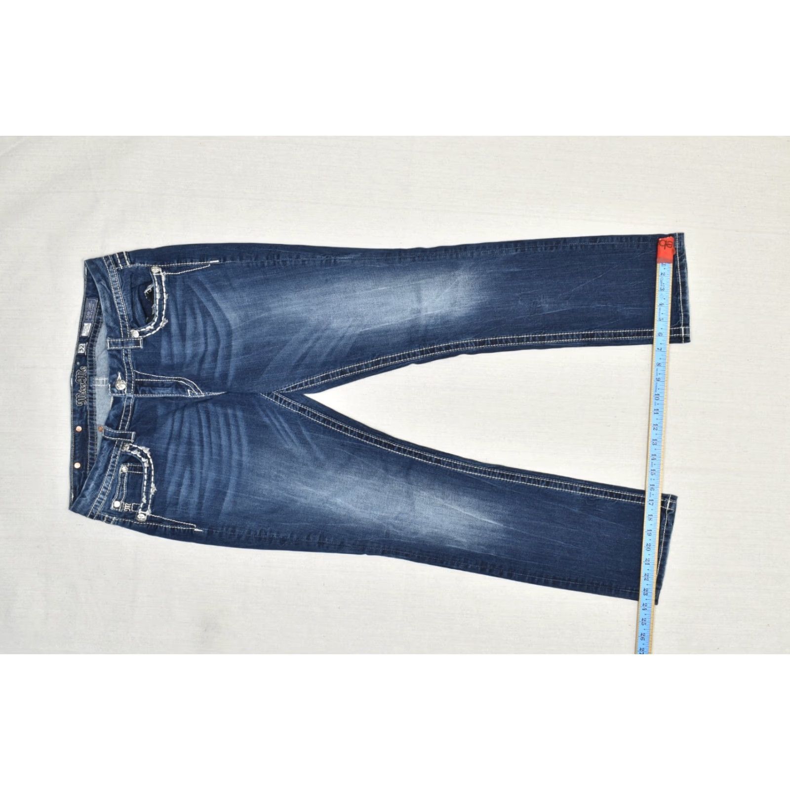 Miss Me Miss Me Women's Jeans Size 32 Dark Wash Rhinestone Mid Rise Easy Straight Leg 5-Pocket Denim Blue Shirt/Bottoms Size 24" / US 00 / IT 34 - 2 Thumbnail
