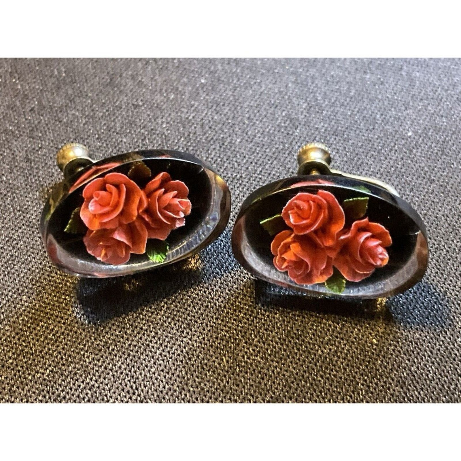 Other Vintage Reverse Carved Roses Under Resin 1930’s Screw Back Size ONE SIZE - 1 Thumbnail