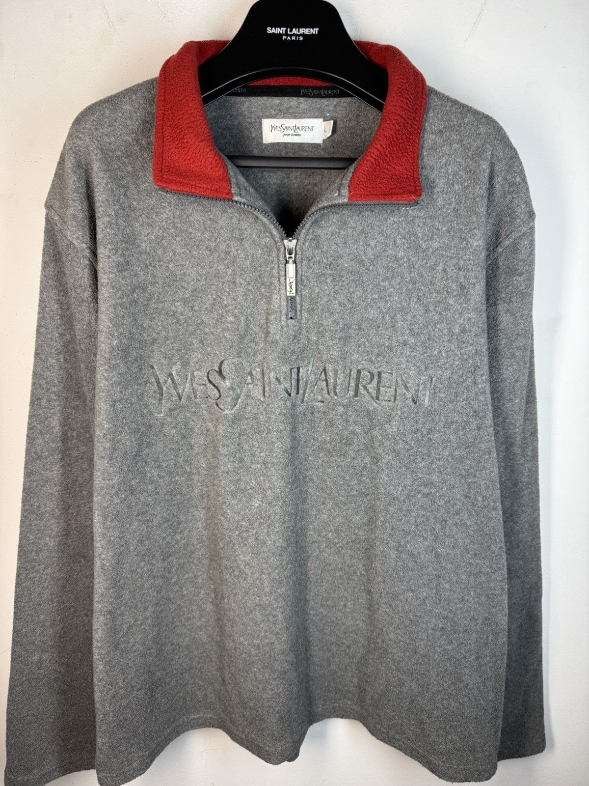 Yves Saint Laurent Fleece YSL Sweatshirt Quarter Zip Big Logo Vintage Sweater Size US L / EU 52-54 / 3 - 3 Thumbnail