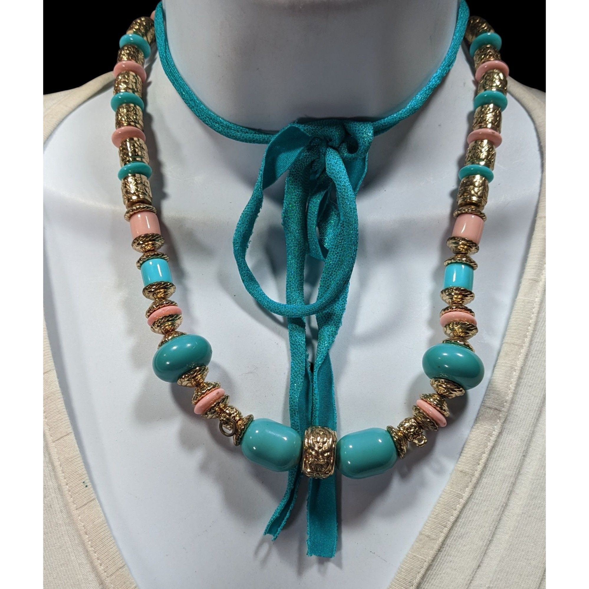 Other Vintage Bohemian Festival Blue Pink And Gold Floral Necklace Size ONE SIZE - 5 Thumbnail