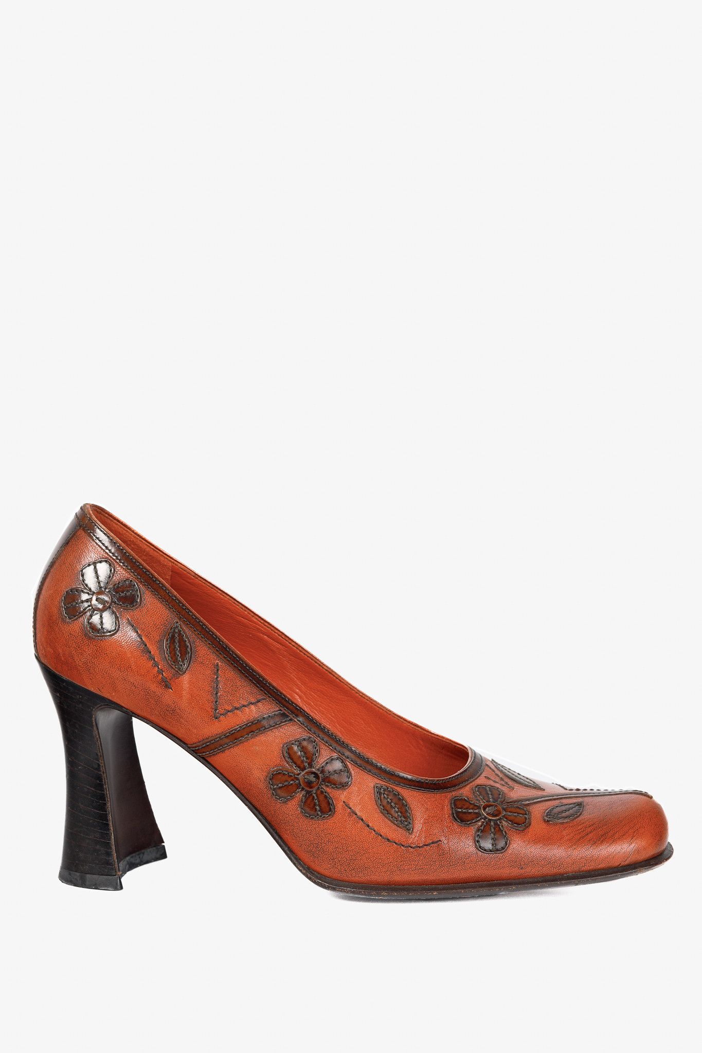 Prada Prada AW/96 Orange Leather Floral-Applique Pumps Size US 7.5 / IT 37.5 - 1 Thumbnail