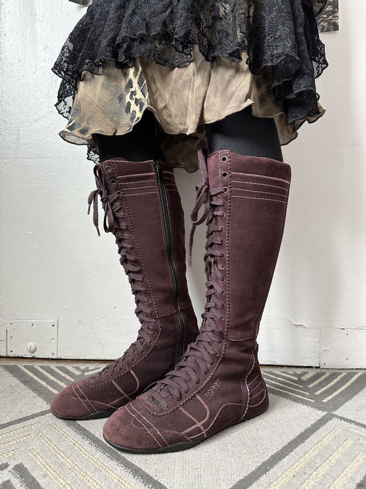 image of Avant Garde x Vintage High Boots Esprit Moto Biker Lace Boxing Shoes Core in Purple, Women's (Size 