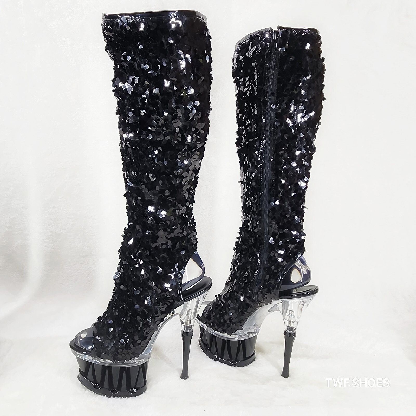 Other Pleaser Spiky Black Sequin Knee Boots Spiked Design Platform Size US 9 / IT 39 - 1 Thumbnail