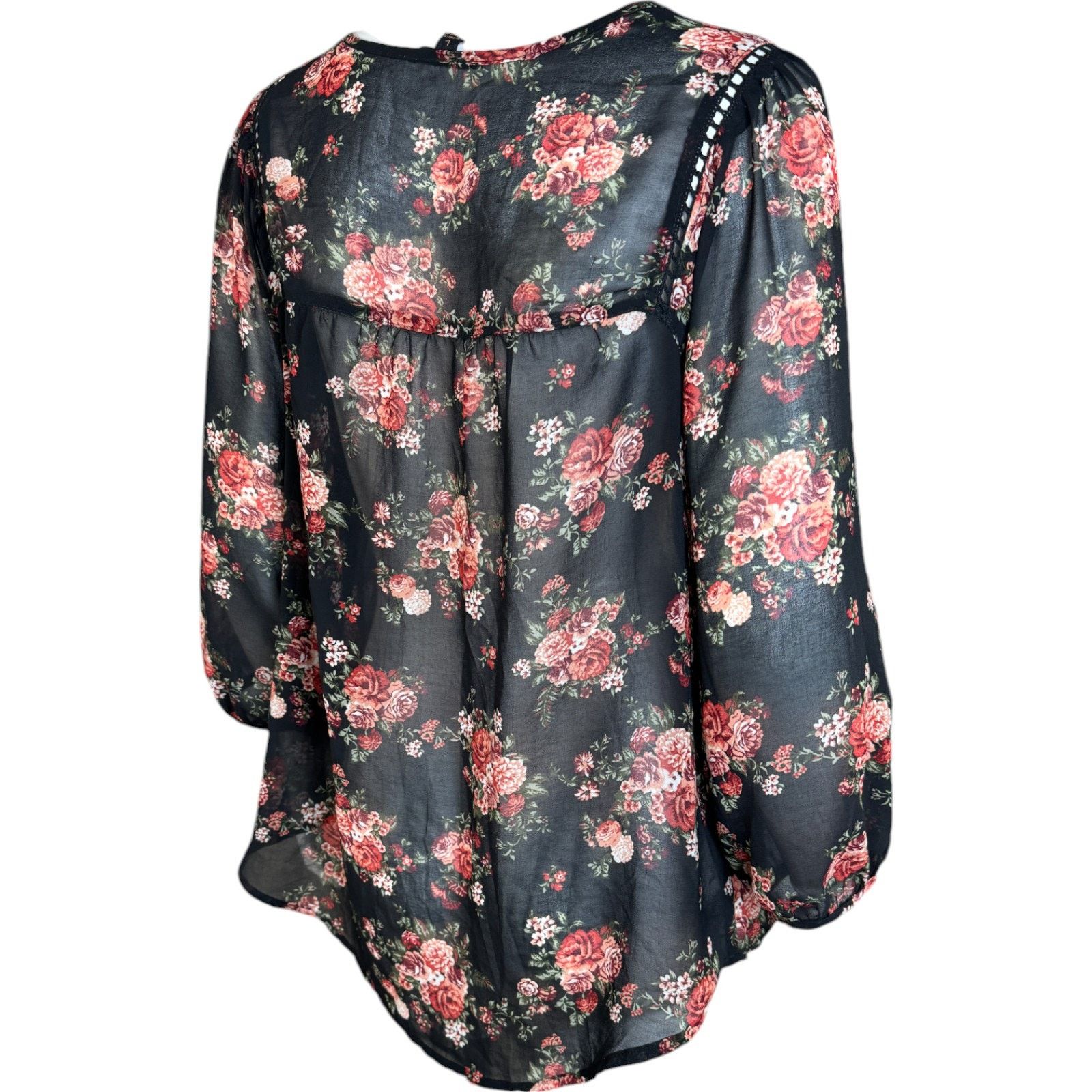 Other Mine Women Large Black Floral Sheer 3/4 Length Sleeve Blouse Size L / US 10 / IT 46 - 4 Thumbnail