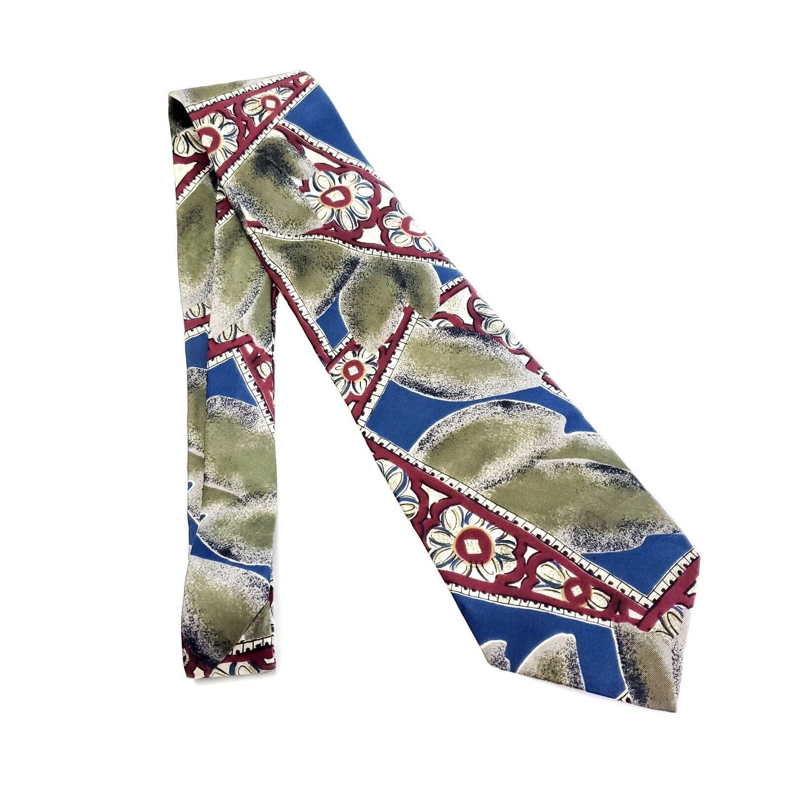 Vintage Adolfo Silk Tie Print Green Blue Floral Short Size ONE SIZE - 6 Thumbnail