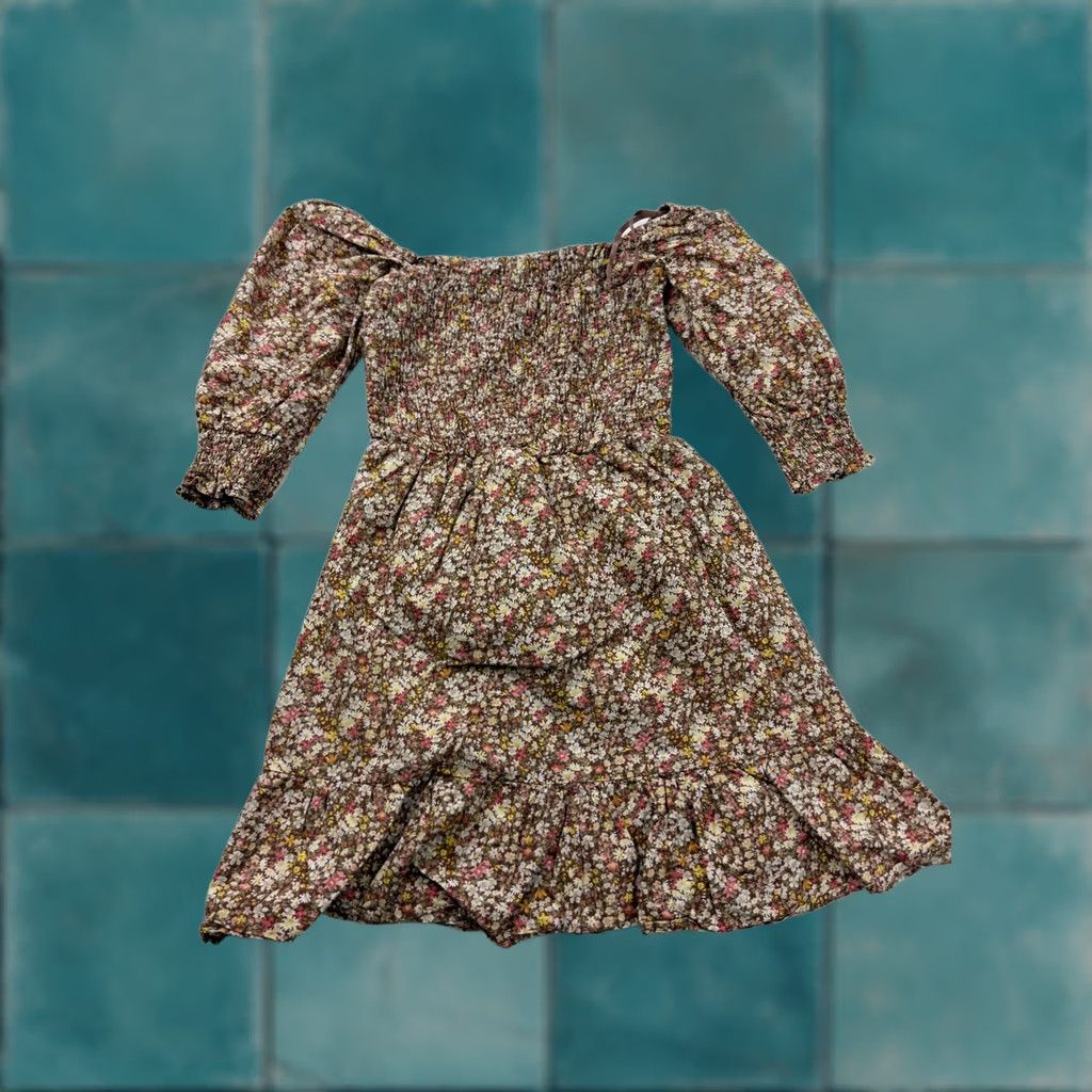Vintage Sim & Sam Dress Womens Small Brown Floral Smocked Off Shoulder Ruffle Hem Mini Size S / US 4 / IT 40 - 1 Thumbnail