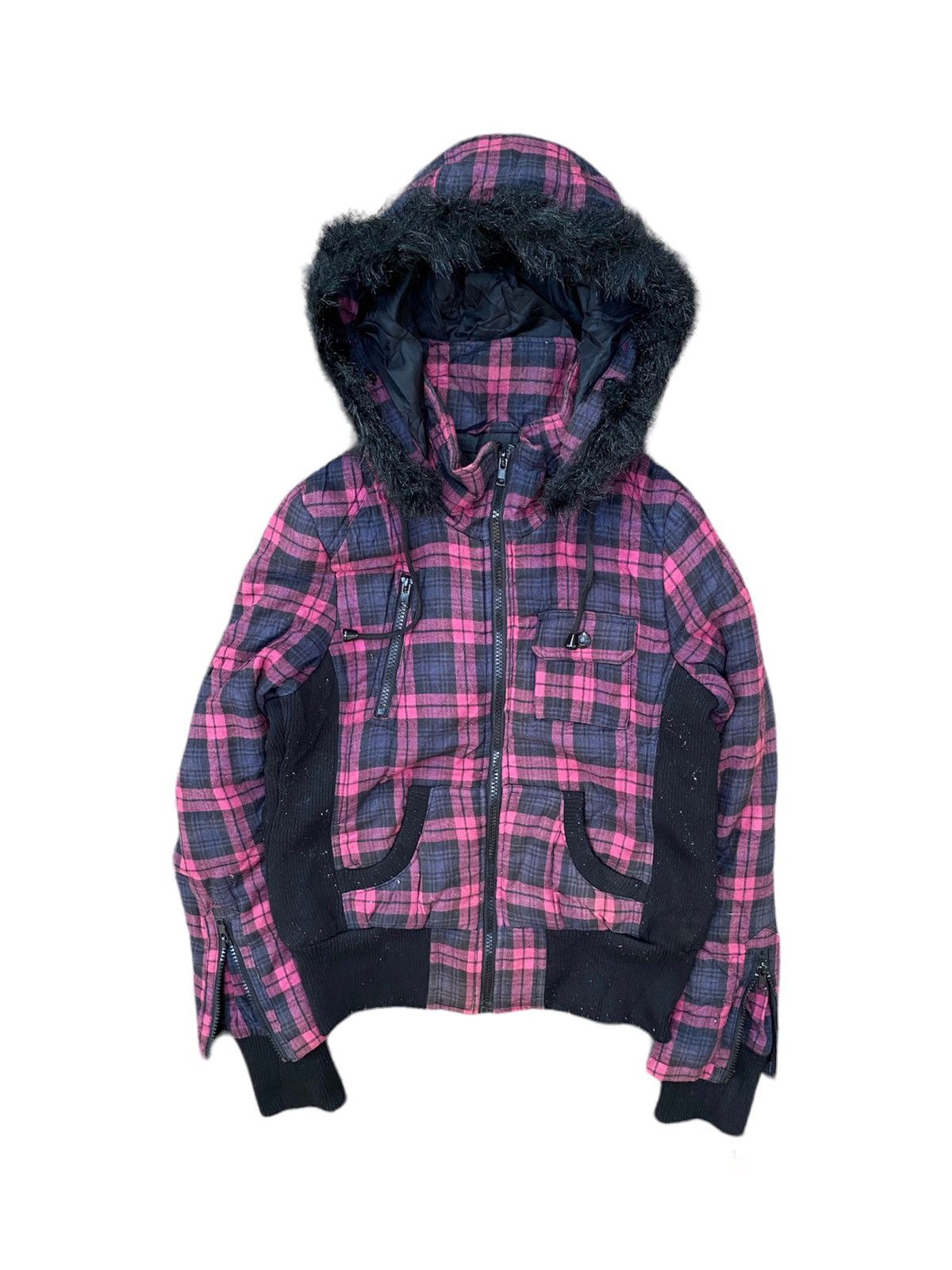 image of If Six Was Nine x Le Grande Bleu L G B Grazie Fur Hoodie Tartan Bikers Jacket in Black (Size Medium
