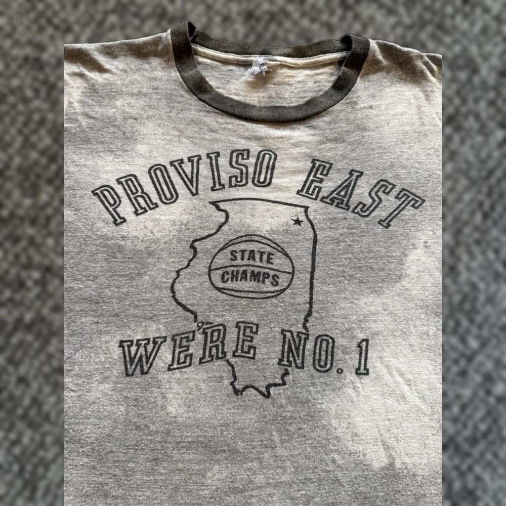 VINTAGE 60s PROVISO EAST Basketball Illinois State Champs Ringer T Shirt Size L Gray Printwear Logo 60s City School Sports T-Shirt Mens