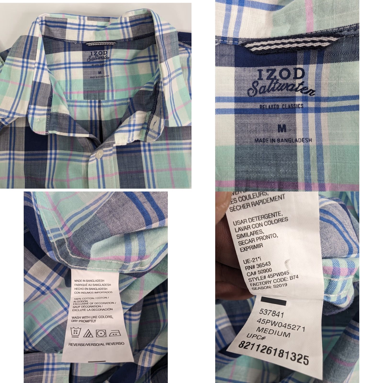 Izod IZOD Button-Up Shirt Mens M Long Sleeve Plaid Blue Pink Multicolor Classic Preppy Relaxed Casual Travel Cotton Size US M / EU 48-50 / 2 - 8 Thumbnail