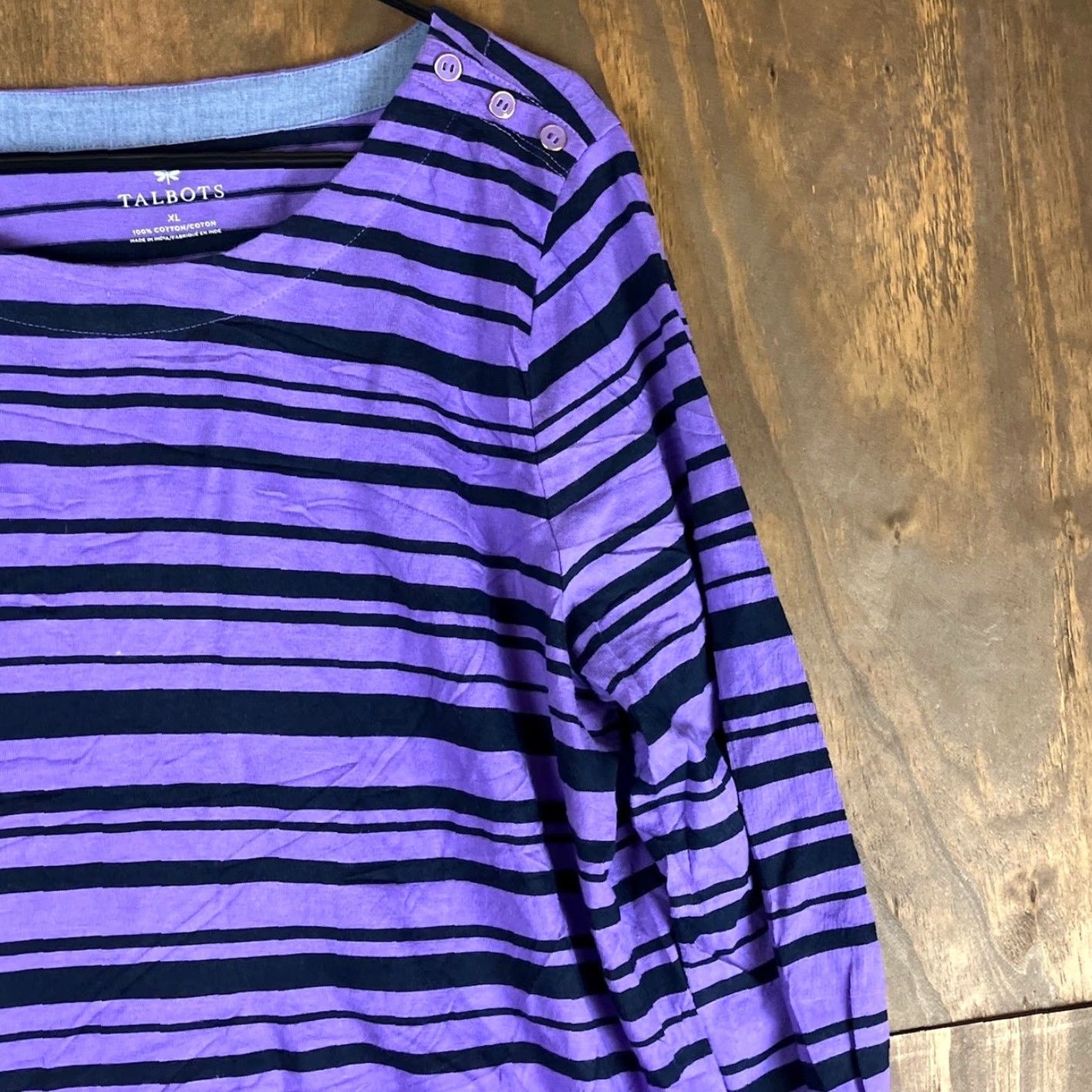 Talbots Talbots Women’s Shirt Purple Black Striped Long Sleeve Round Neck 100% Cotton XL Size XL / US 12-14 / IT 48-50 - 5 Thumbnail