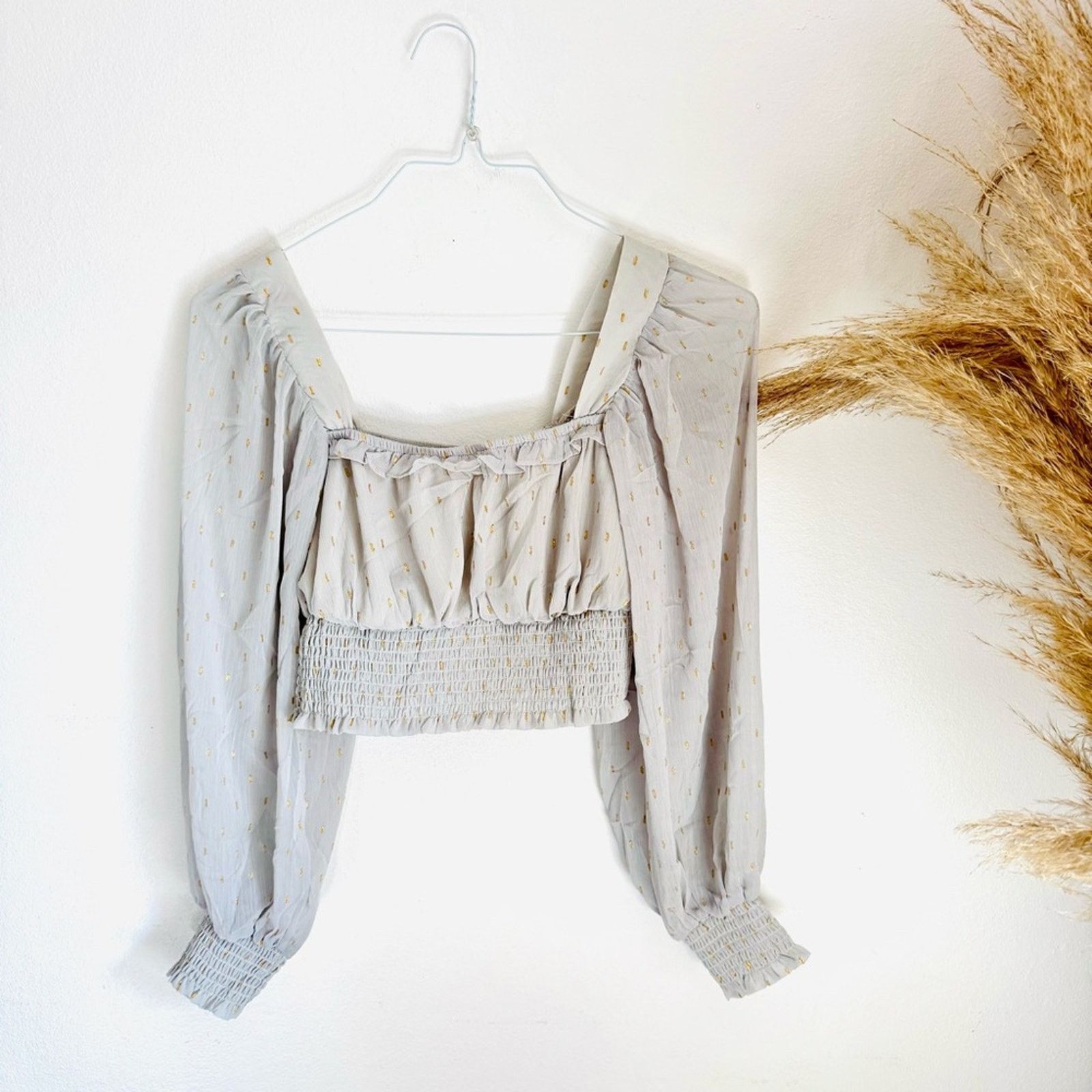 Nordstrom NEW Grey Gold Metallic Polka Dot Long $88 Crop Top Blouse Size S / US 4 / IT 40 - 3 Thumbnail