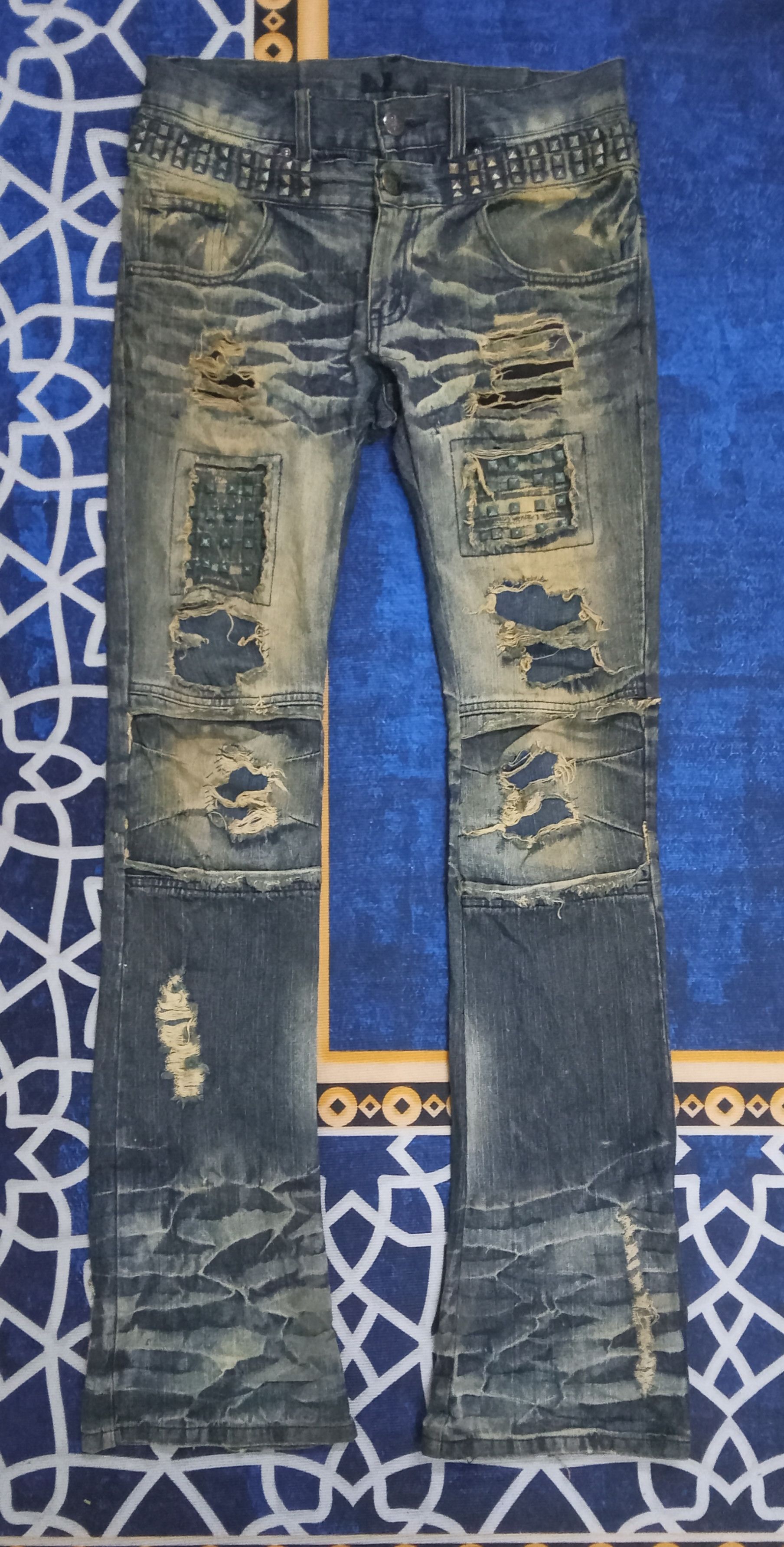 Japanese Brand Black Baccara Mud Style Distressed With Studded Flare Jeans Size US 32 / EU 48 - 1 Thumbnail