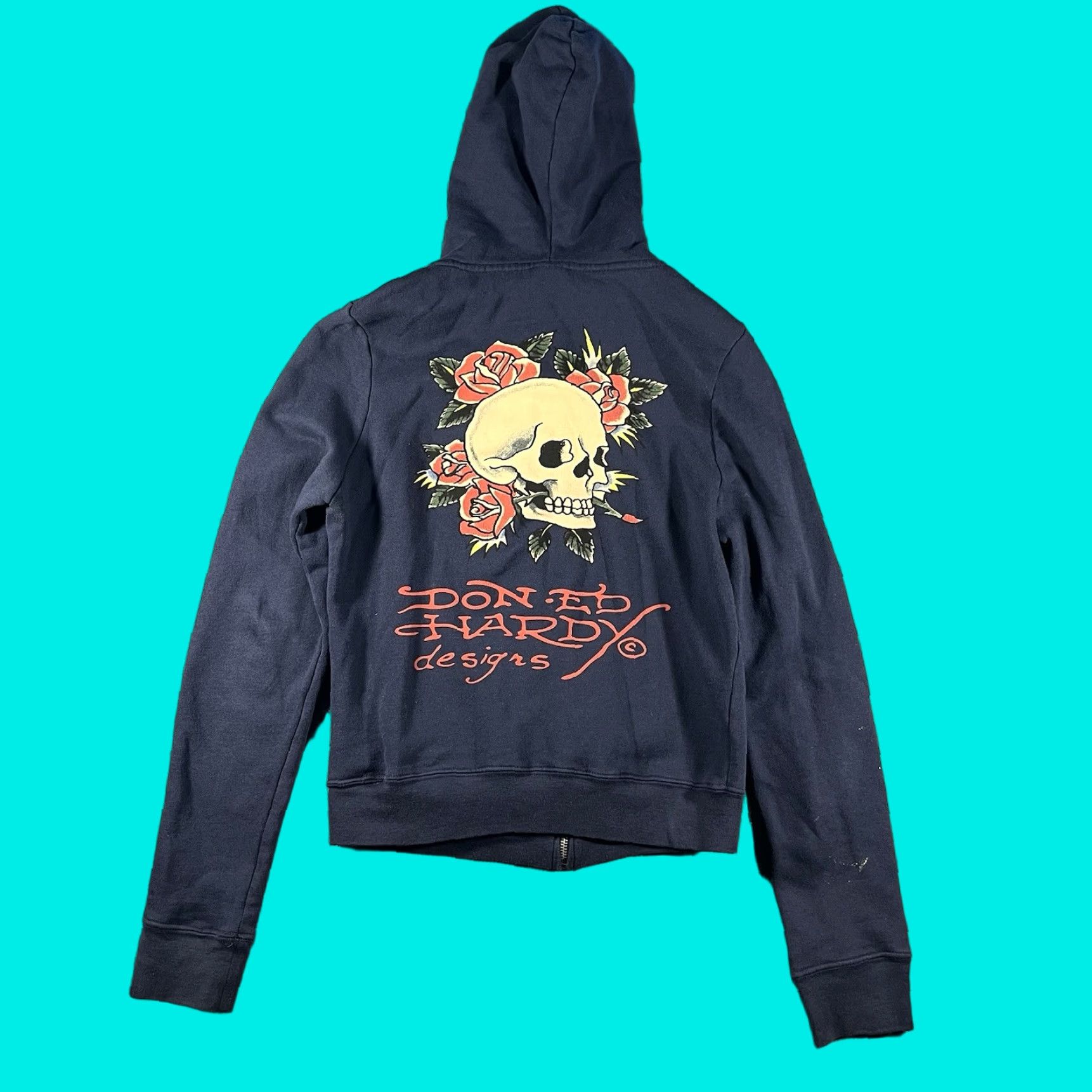 Ed Hardy VINTAGE Ed Hardy by Christian Audigier Tattoo Skull Rose Hoodie Women M Blue Full Zip Hooded Sweatshirt 90s Tattoo Theme Size M / US 6-8 / IT 42-44 - 1 Thumbnail