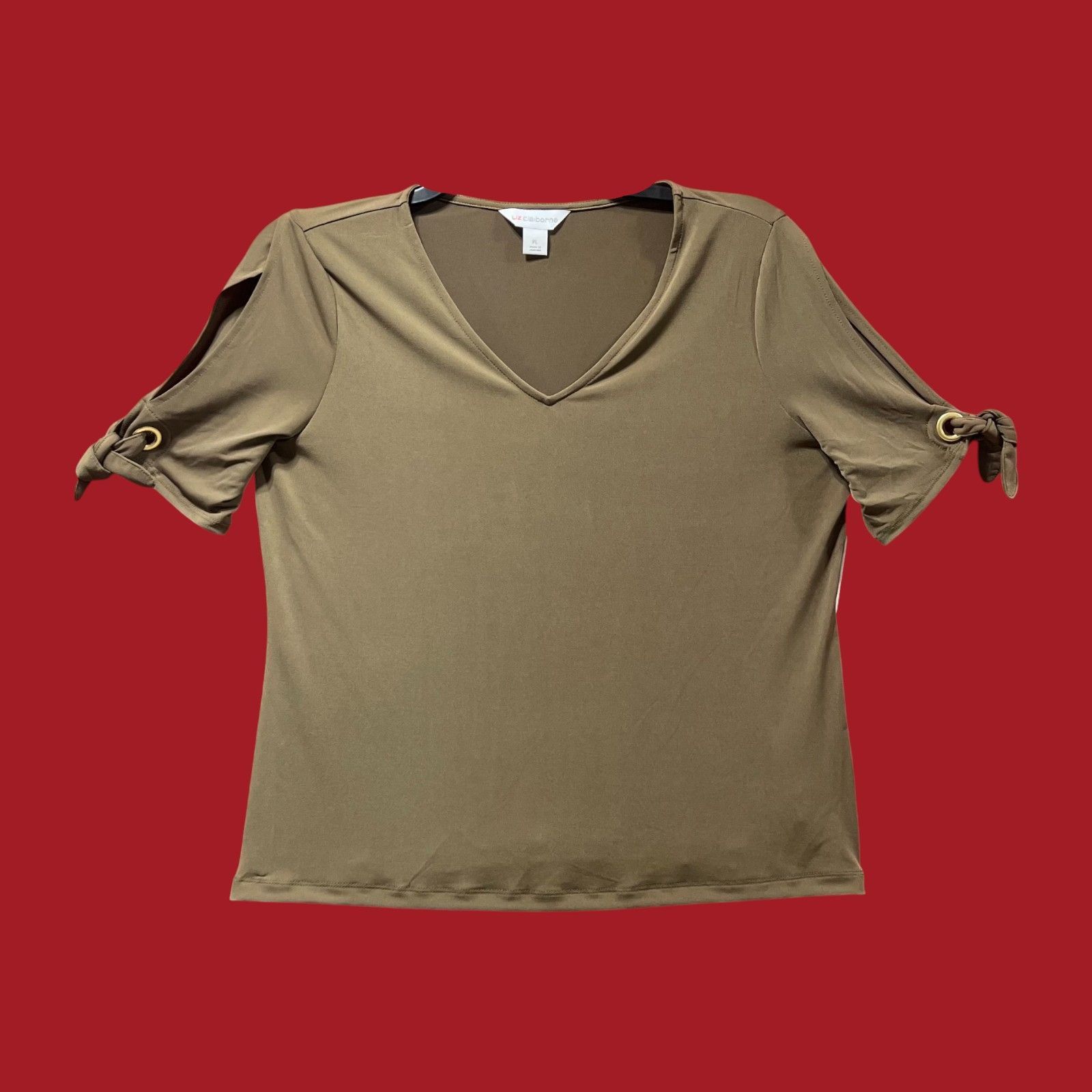 Other Liz Claiborne - Women's V-Neck Cold Shoulder Blouse - Olive Size L / US 10 / IT 46 - 1 Thumbnail