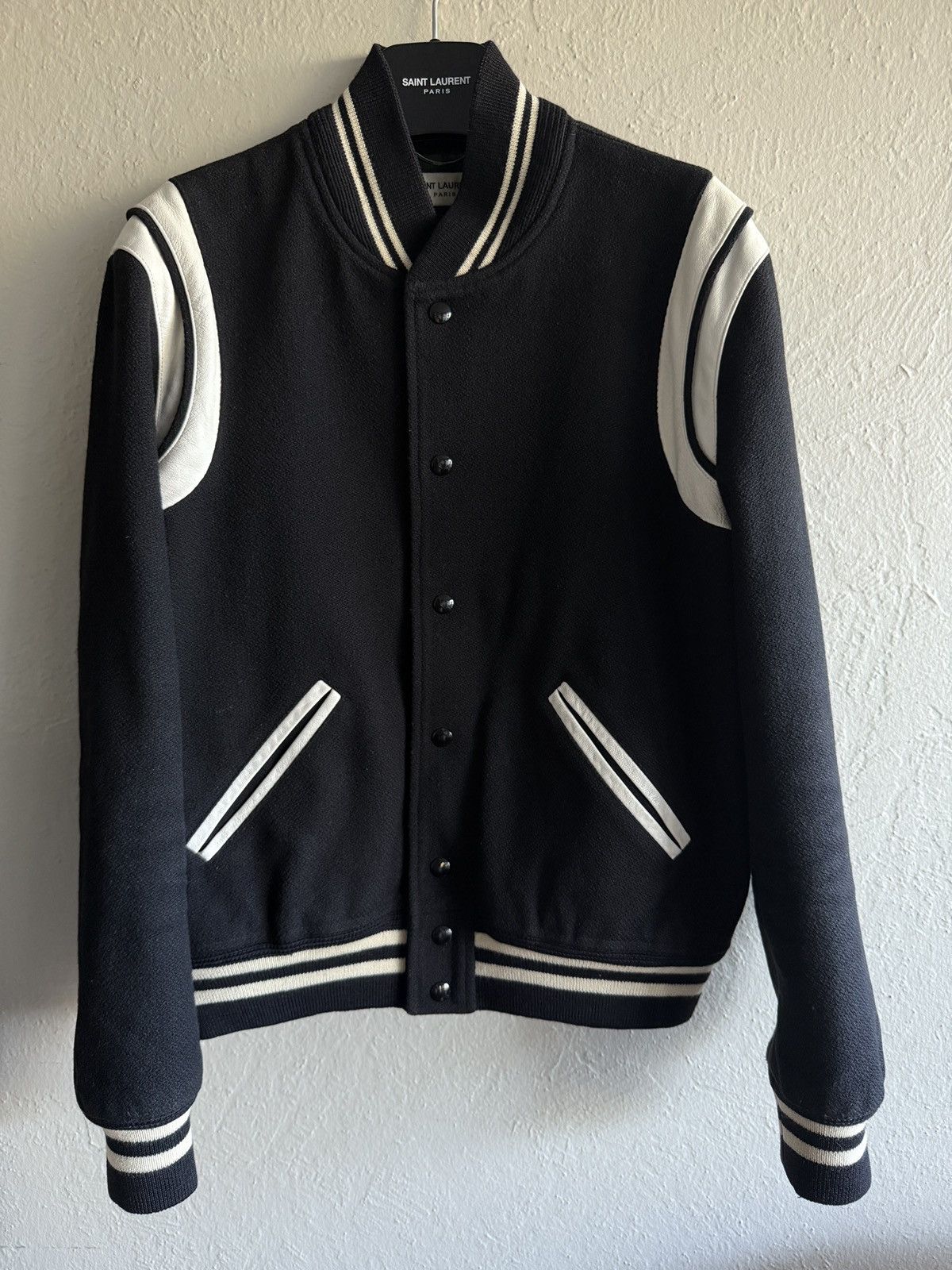 Hedi Slimane × Saint Laurent Paris Saint Laurent Paris Black Wool Teddy Varsity Jacket SS16 Size US M / EU 48-50 / 2 - 2 Thumbnail
