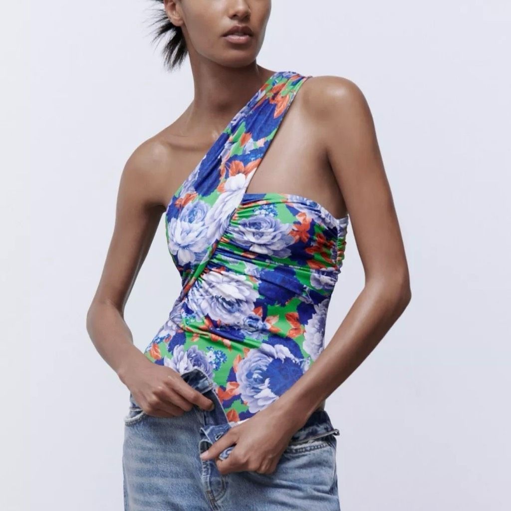 Zara ZARA Single Shoulder Royal Blue Floral Bodysuit, Ruched Top, Women’s Medium Size M / US 6-8 / IT 42-44 - 4 Thumbnail