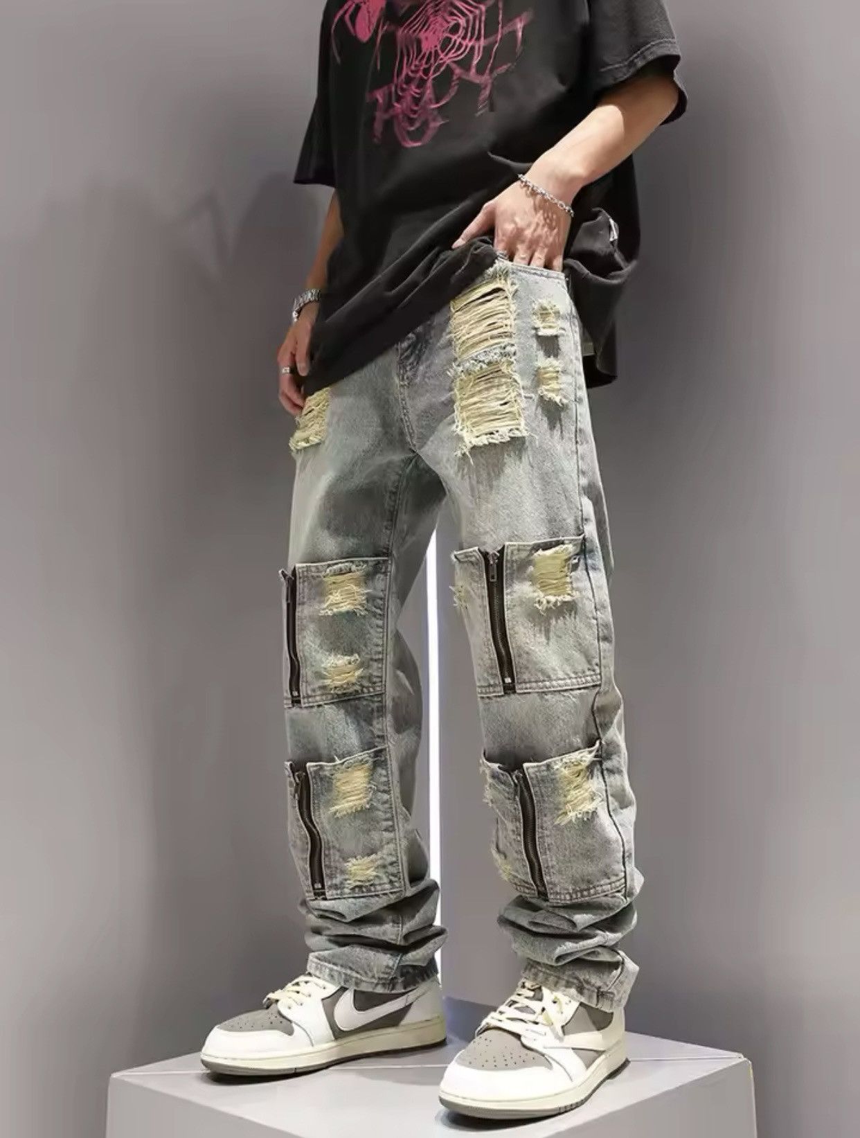 Japanese Brand × Vintage New Multi Zipper Pocket Washed and Perforated Jeans Size US 27 - 4 Thumbnail