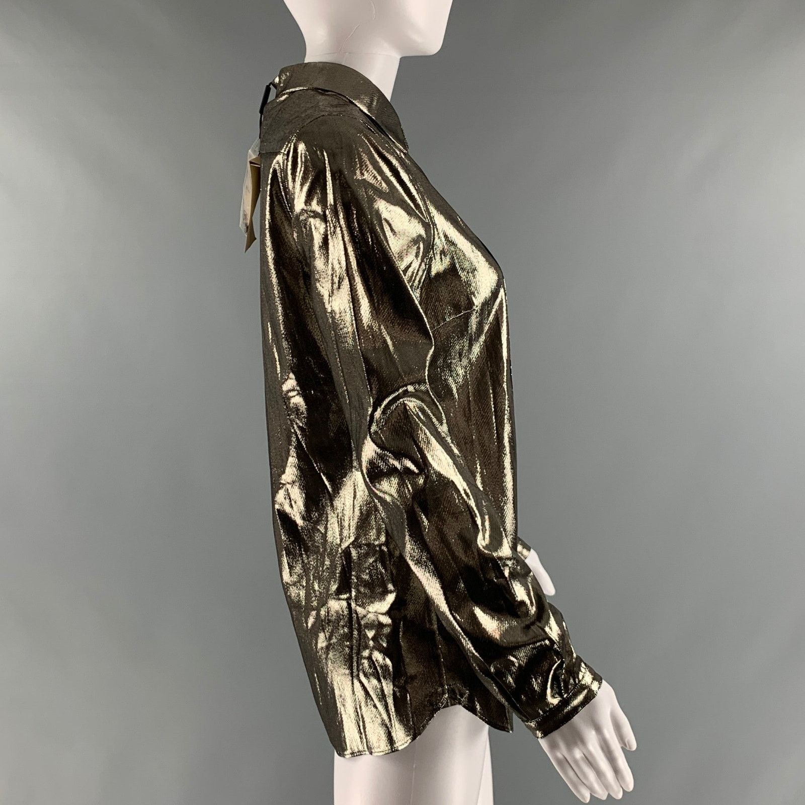 Burberry BURBERRY Size 4 Gold Silk Metallic Button Up Shirt Size S / US 4 / IT 40 - 2 Thumbnail