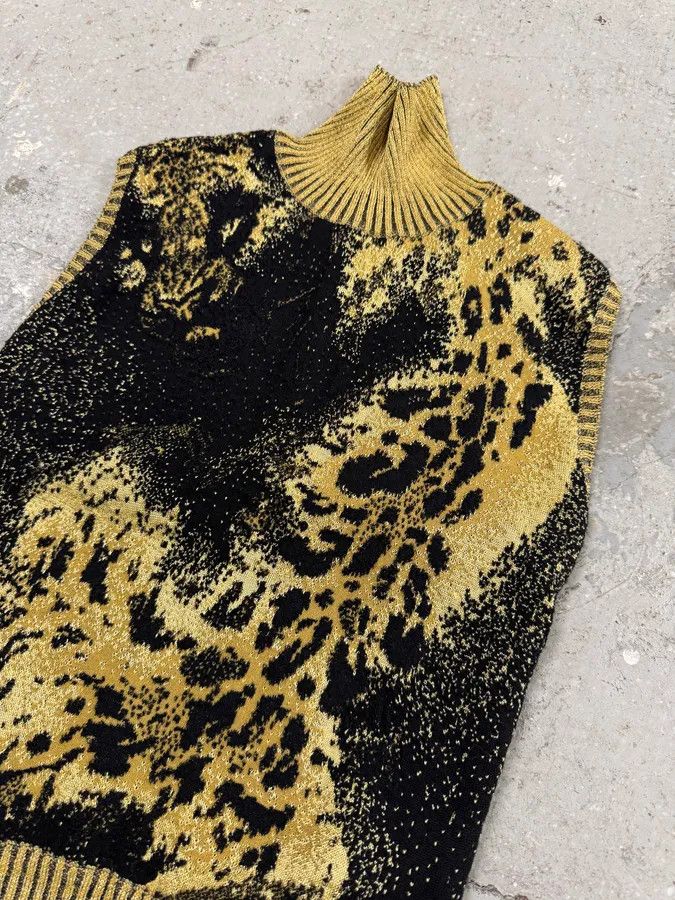 Designer × Just Cavalli × Vintage 2000s Cavalli Golden Panther Sleeveless High Neck Sweater Size XXS / US 00 / IT 34 - 2 Thumbnail