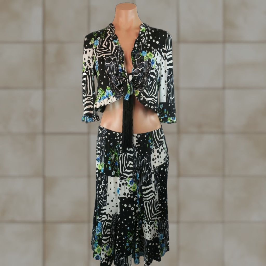 Vintage Joseph Ribkoff 2-Piece Skirt Suit Jersey Floral Fringe