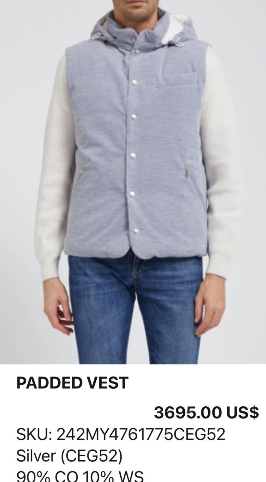 Brunello Cucinelli o1w1db10226 Padded Vest in Light Grey Size 54R - 2 Thumbnail
