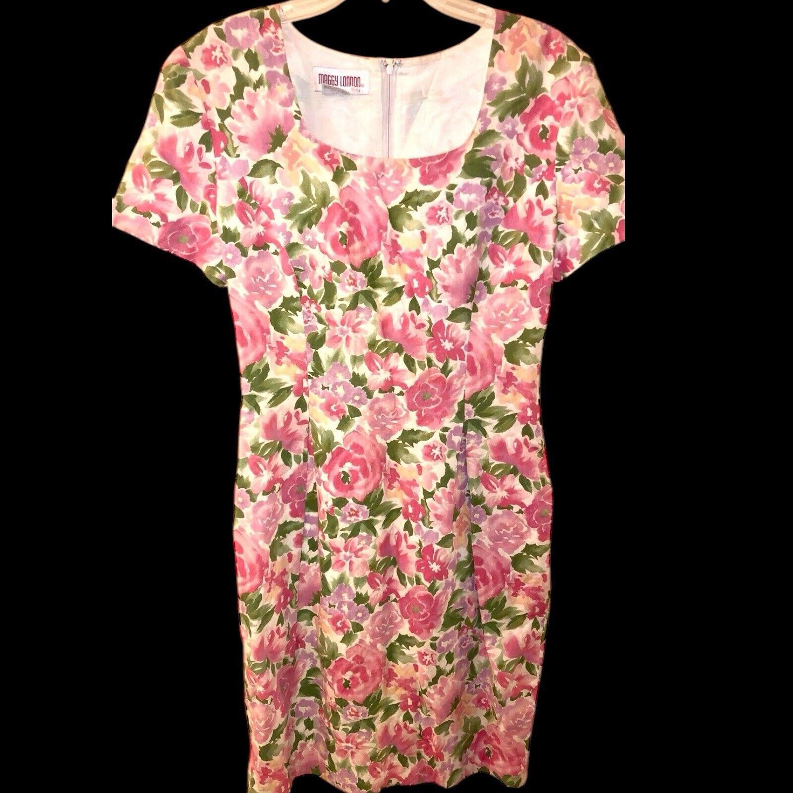 Designer Maggy London Pink Floral Linen Cotton Short Dress Sz 10 Size L / US 10 / IT 46 - 1 Thumbnail
