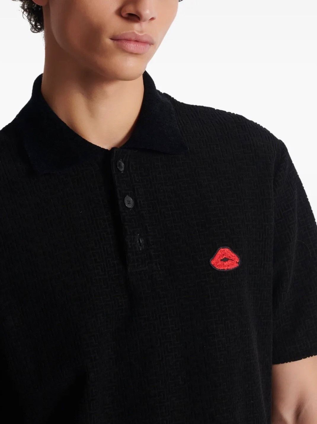 Balmain o1mt1gz0126 Velvet Monogram Kiss Jersey Polo Shirt in Black Size US M / EU 48-50 / 2 - 2 Thumbnail