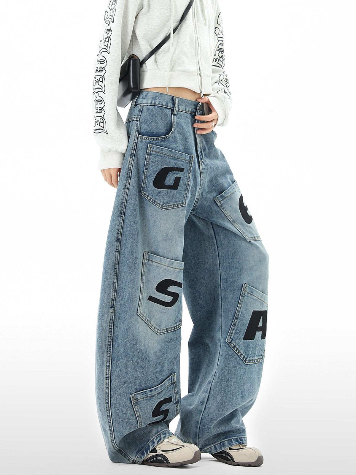 Japanese Brand High Street Embroidered Multi-Pocket Cargo Curved-Leg Jeans Size US 32 / EU 48 - 3 Thumbnail