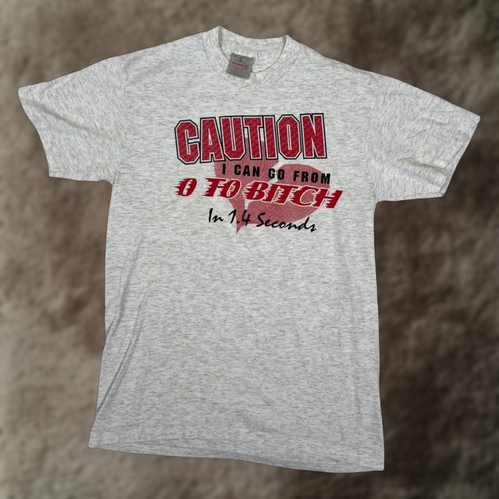 Vintage VINTAGE Oneita T-Shirt Mens Medium Gray Caution 0 To Bitch Graphic 90s Funny Crew Neck Short Sleeve Size US M / EU 48-50 / 2 - 1 Thumbnail
