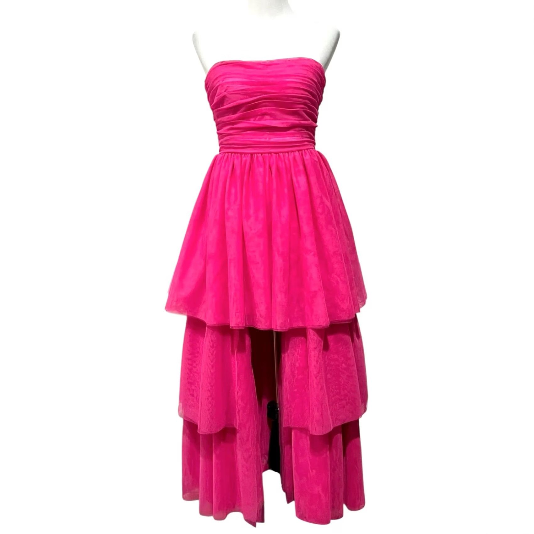 Vintage Dear Moon Hot Pink Tulle Strapless Hi Low Dress Sleeveless Sz 9 Women Formal Party/Cocktail Maxi Dress Size M / US 6-8 / IT 42-44 - 2 Thumbnail