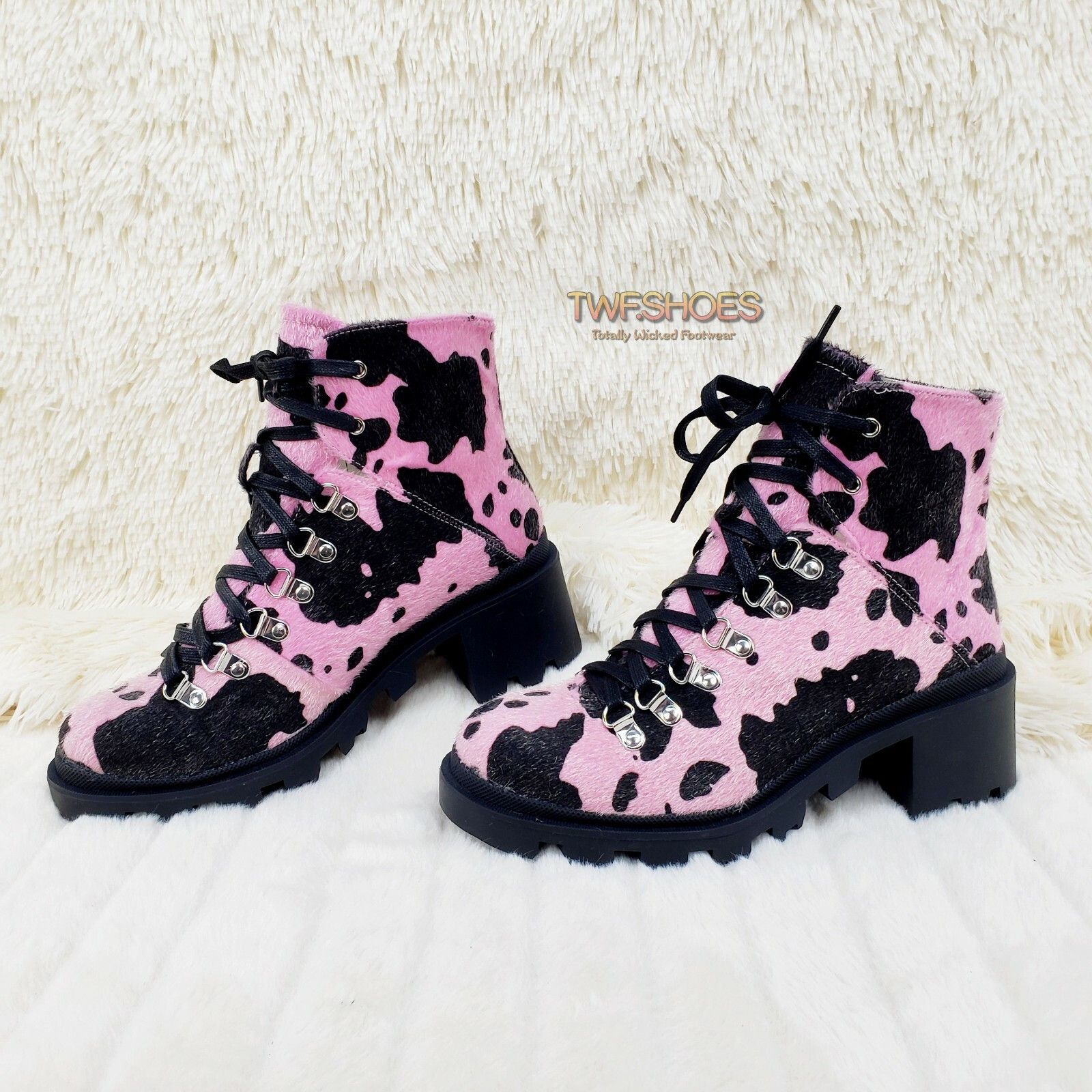 Other Kick Azz Lace Up Lug Sole Combat Ankle Boots Faux Fur Pink C Size US 6.5 / IT 36.5 - 7 Thumbnail