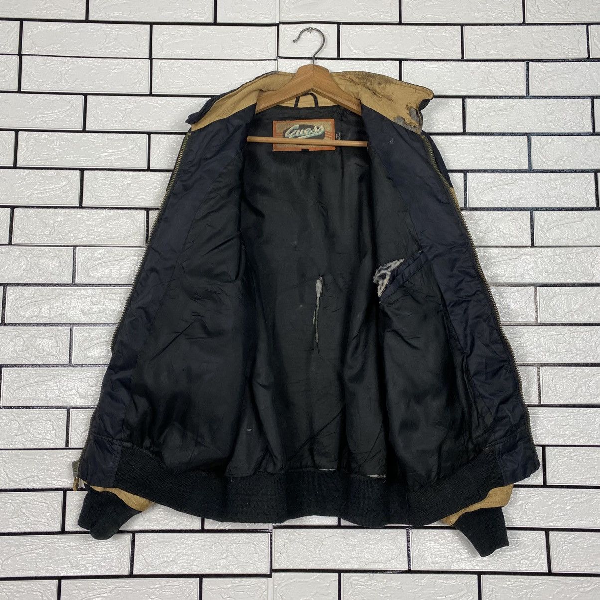 Guess 📌Vintage Bomber Leather Jacket Guess Big Logo Embroidery Size US L / EU 52-54 / 3 - 14 Thumbnail