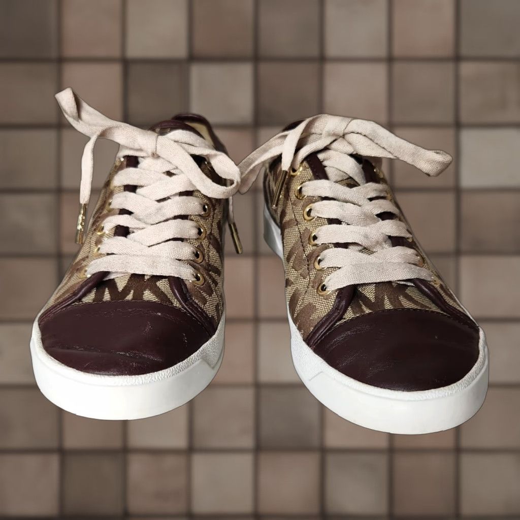Michael Kors Womens MK Monogram City Leather/Textile Sneakers Size 7 Brown Tan City Designer Sneakers