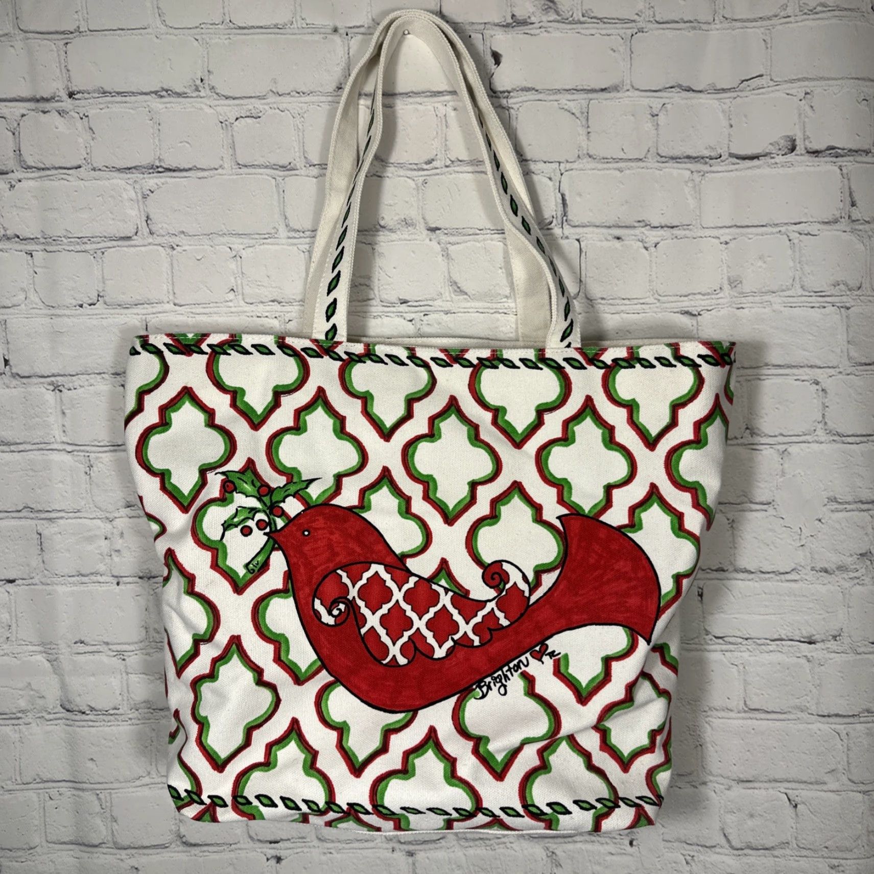 Brighton Brighton Love And Joy Canvas Tote Bag Red Bird Christmas Holly Inside Coated Tote Women Medium Multicolor Handles White Lining Holiday Pattern Size M / US 6-8 / IT 42-44 - 2 Thumbnail