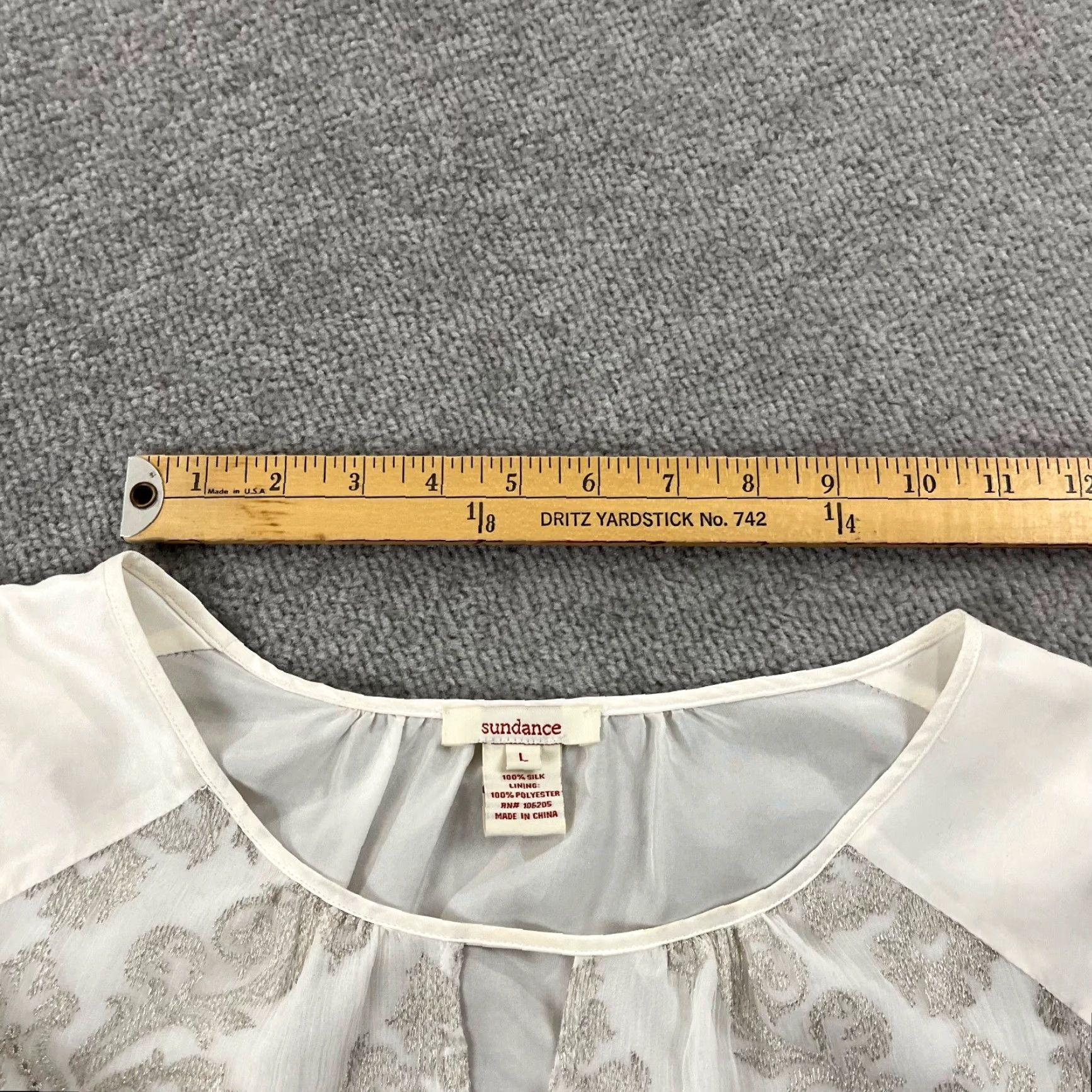 Vintage SUNDANCE Blouse Womens L White Silver Floral Embroidered Silk Sheer L/S Size L / US 10 / IT 46 - 7 Thumbnail