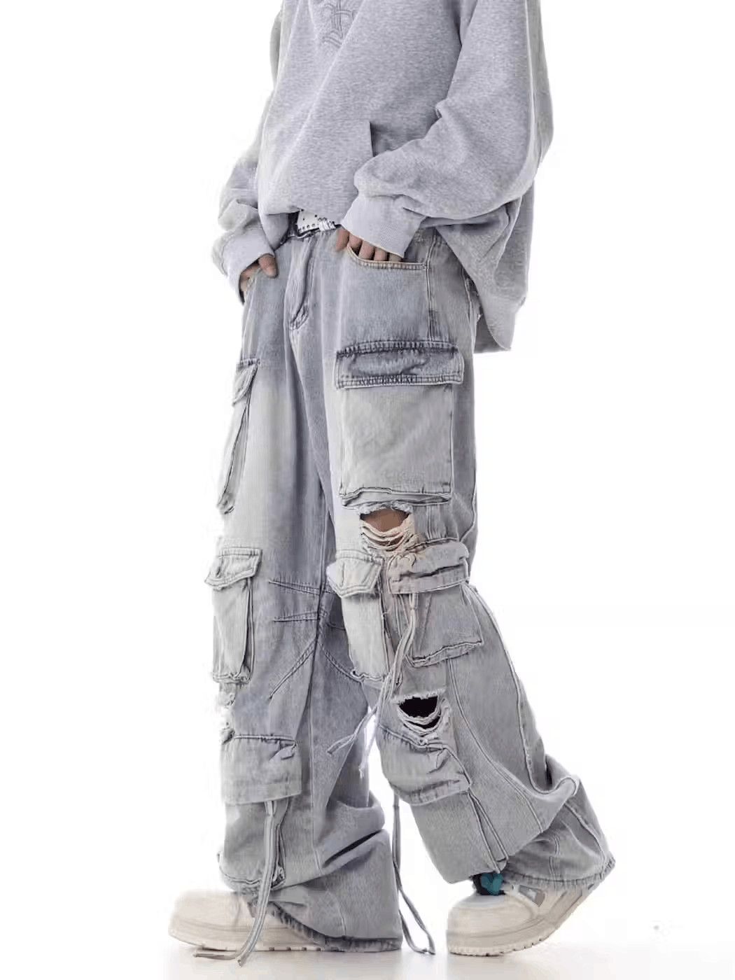 image of Street Hip Hop Grunge Ripped Wide Leg Jeans in Blue, Men's (Size 32)