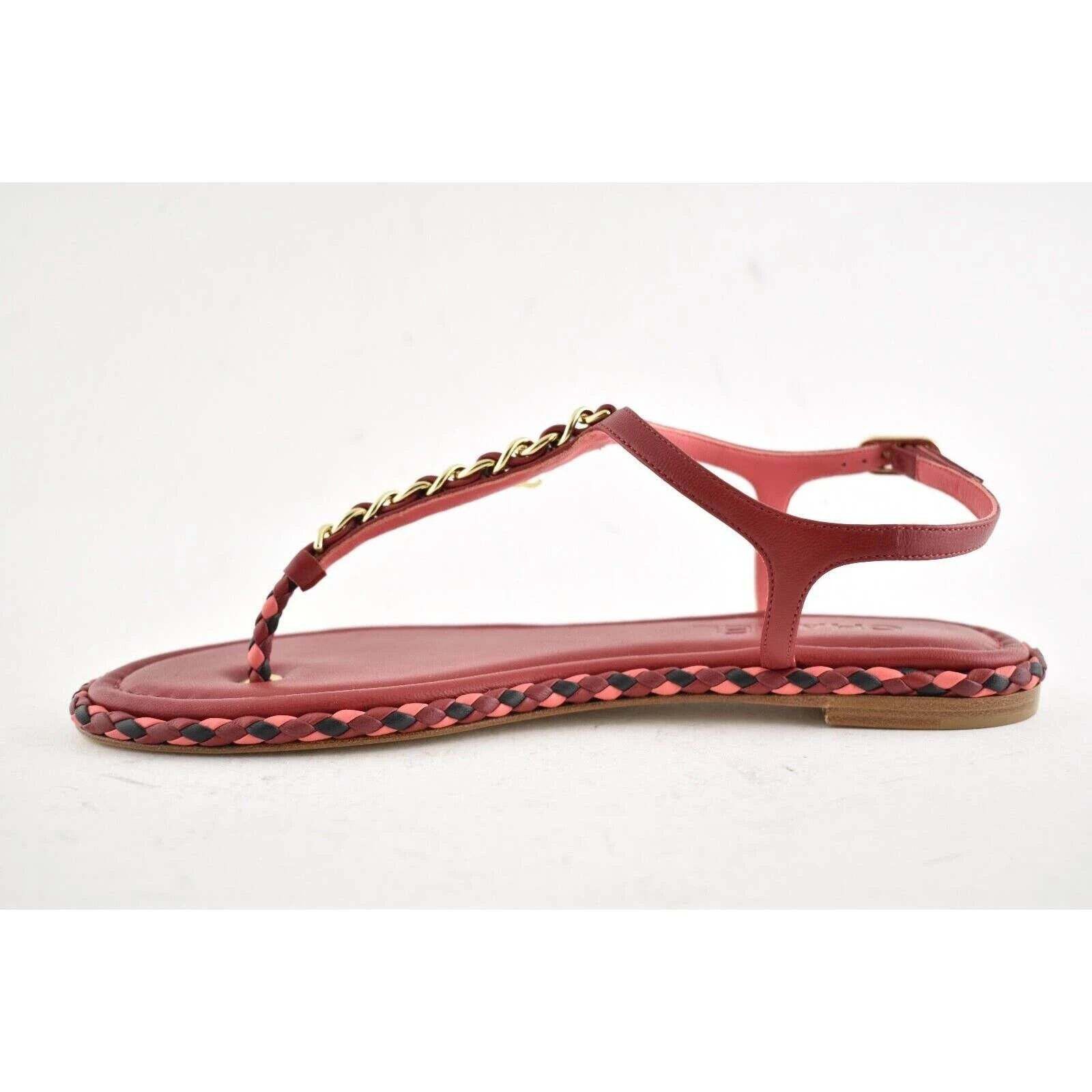 Chanel Chanel Red Braided Gold CC Logo Chain Thong Ankle Strap Size US 6 / IT 36 - 7 Thumbnail