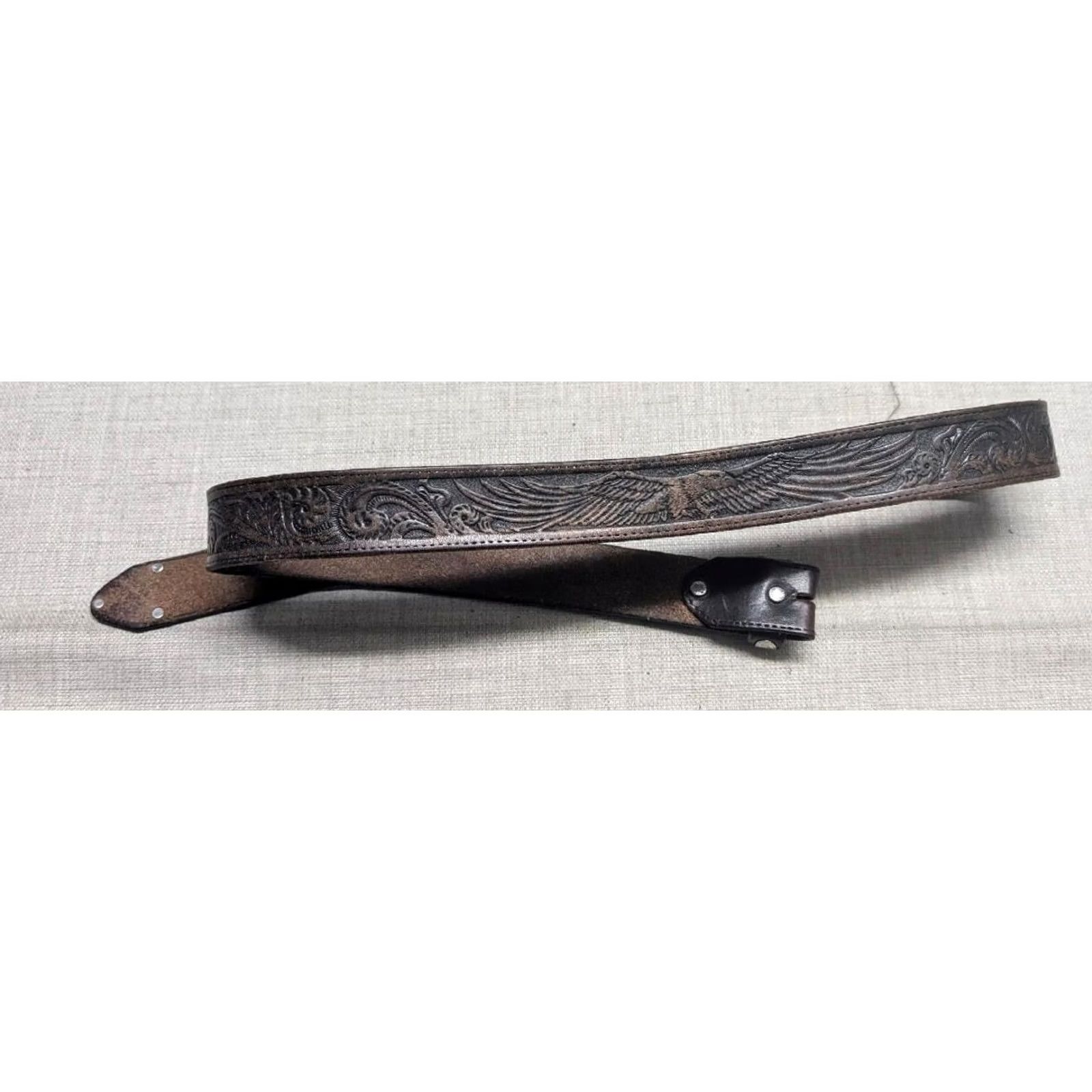 Vintage VINTAGE Justin western belt Tooled 30 Men Buckle Black Tan leather 1-1/2" belt Western Belt Cowboys 30 Mens Size 30 - 4 Thumbnail