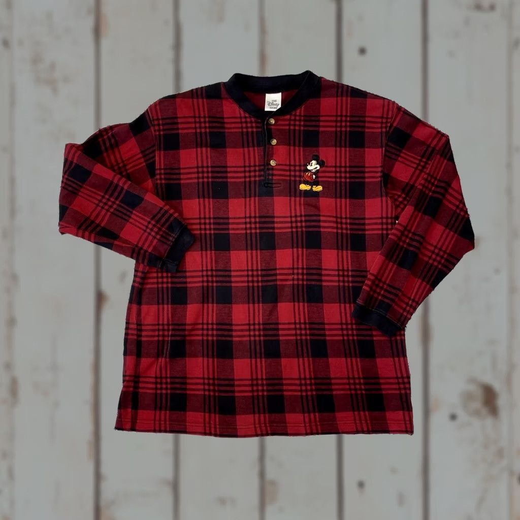 Disney VINTAGE Disney Store Mickey Mouse Black Red Plaid Henley Shirt Top L Mens 90s Y2K Size US L / EU 52-54 / 3 - 1 Thumbnail
