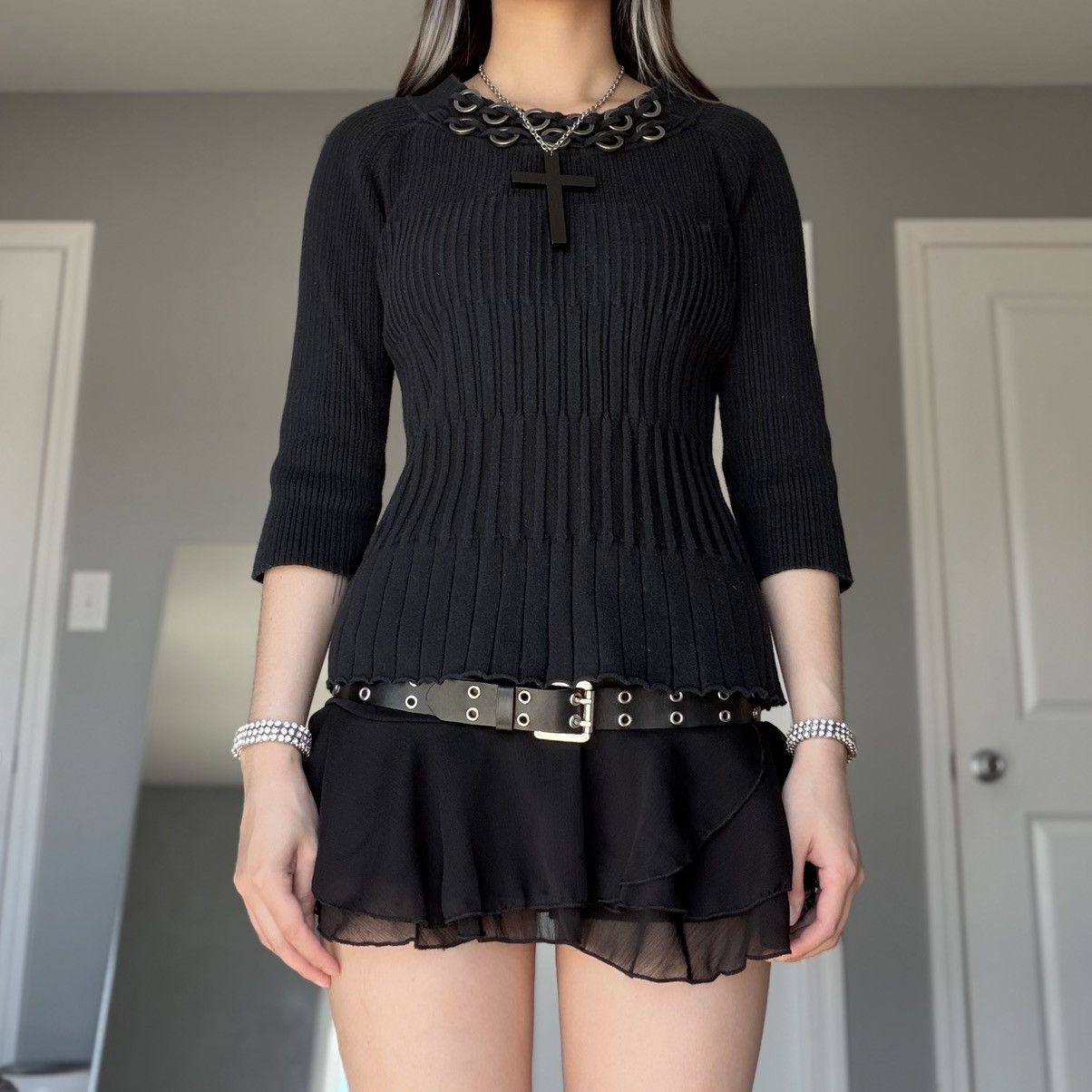 Other Black Ribbed Grommet Studded Scoop Neck 3/4 Sleeve Sweater Size M / US 6-8 / IT 42-44 - 12 Thumbnail